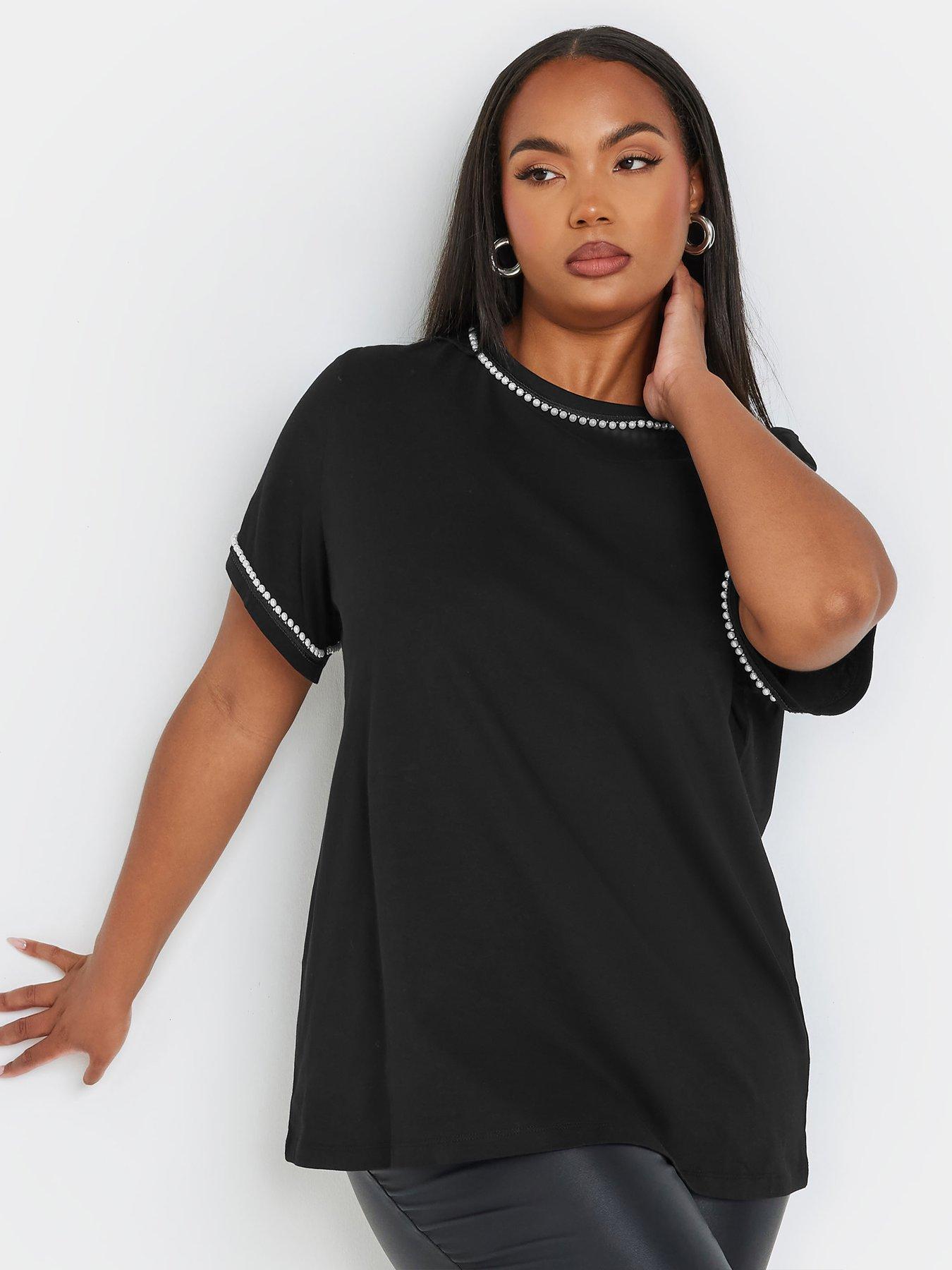 Image 1 of 4 of Yours Curve Pearl Trim T-Shirt - Black