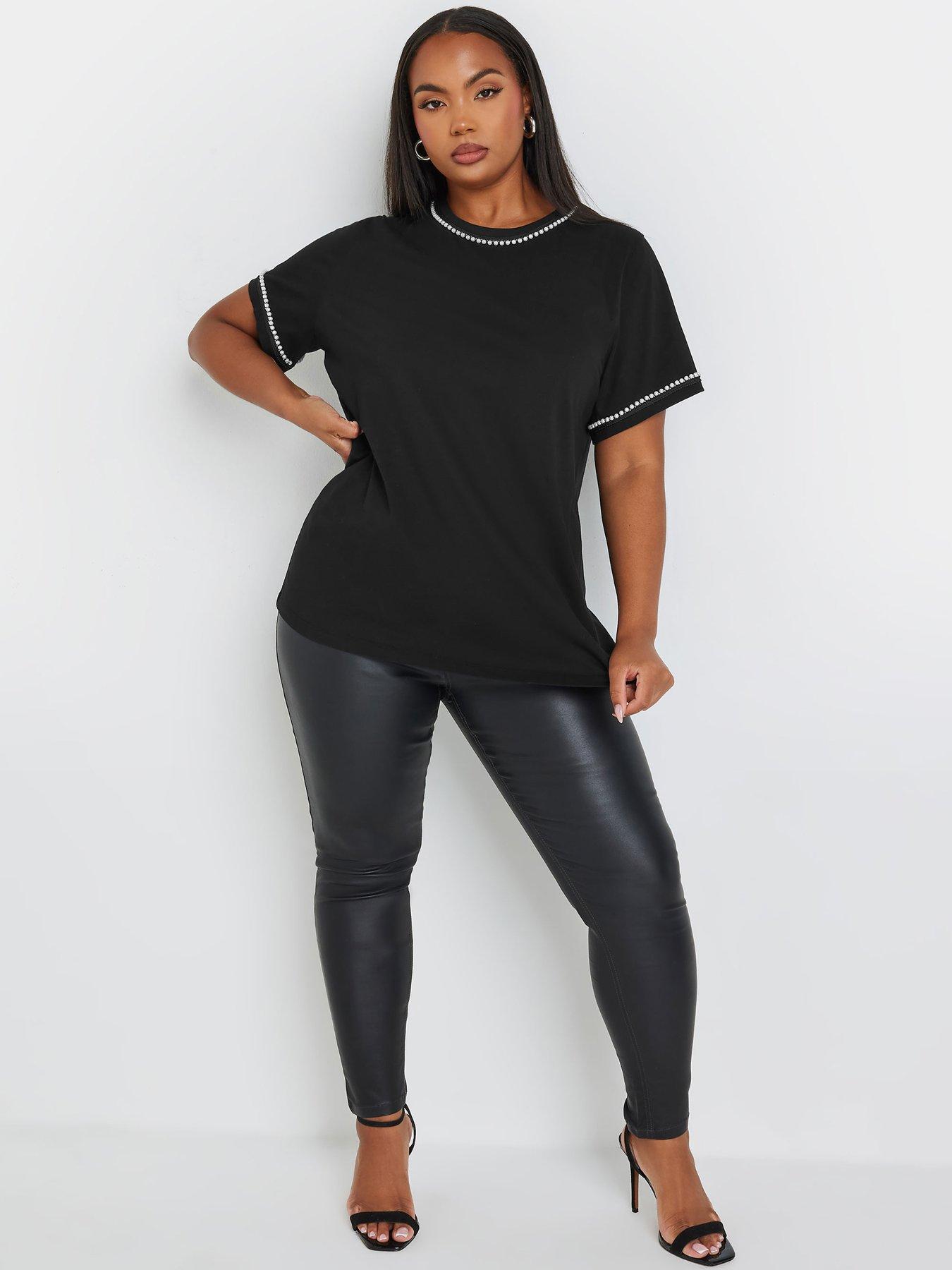 Image 3 of 4 of Yours Curve Pearl Trim T-Shirt - Black