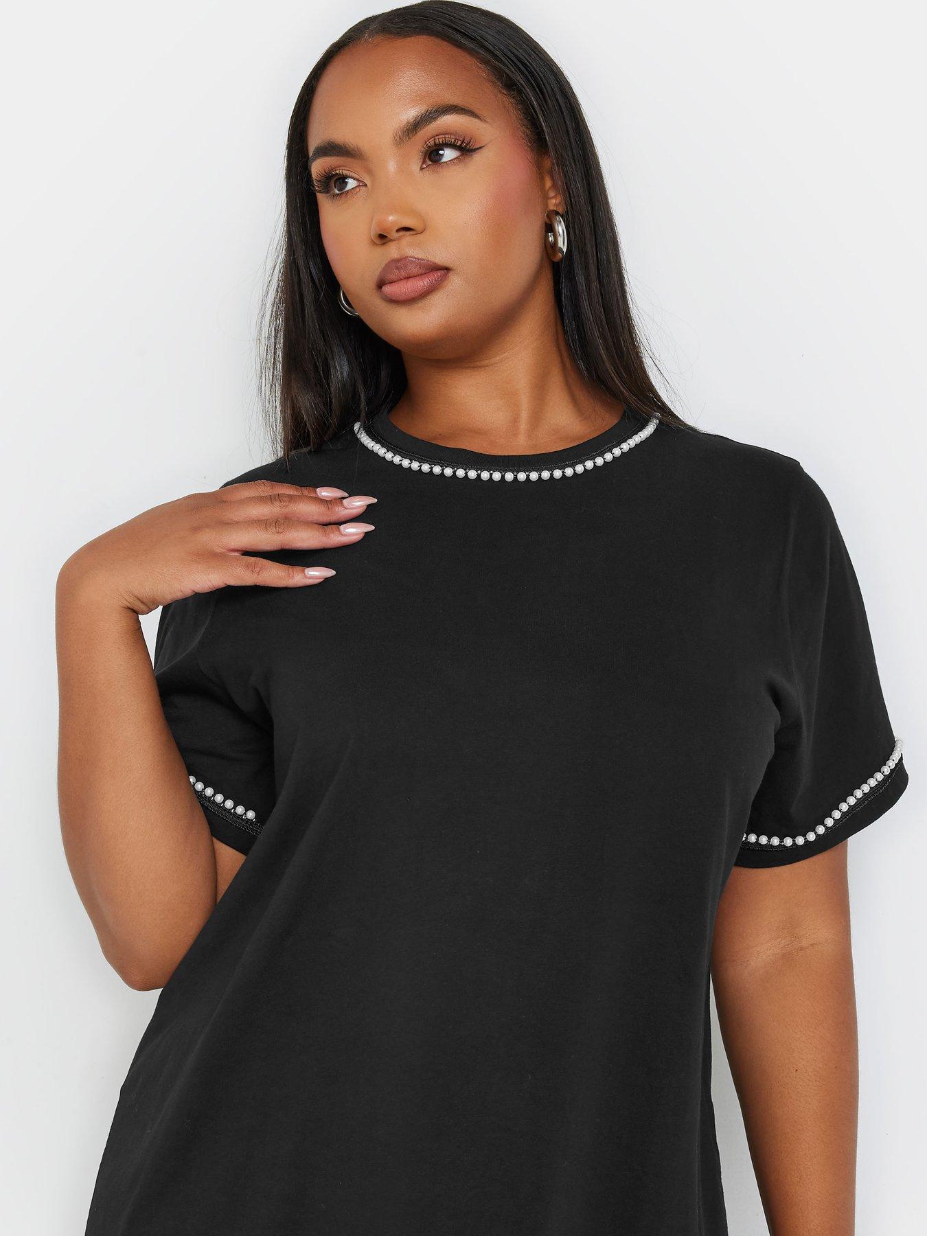 Image 4 of 4 of Yours Curve Pearl Trim T-Shirt - Black