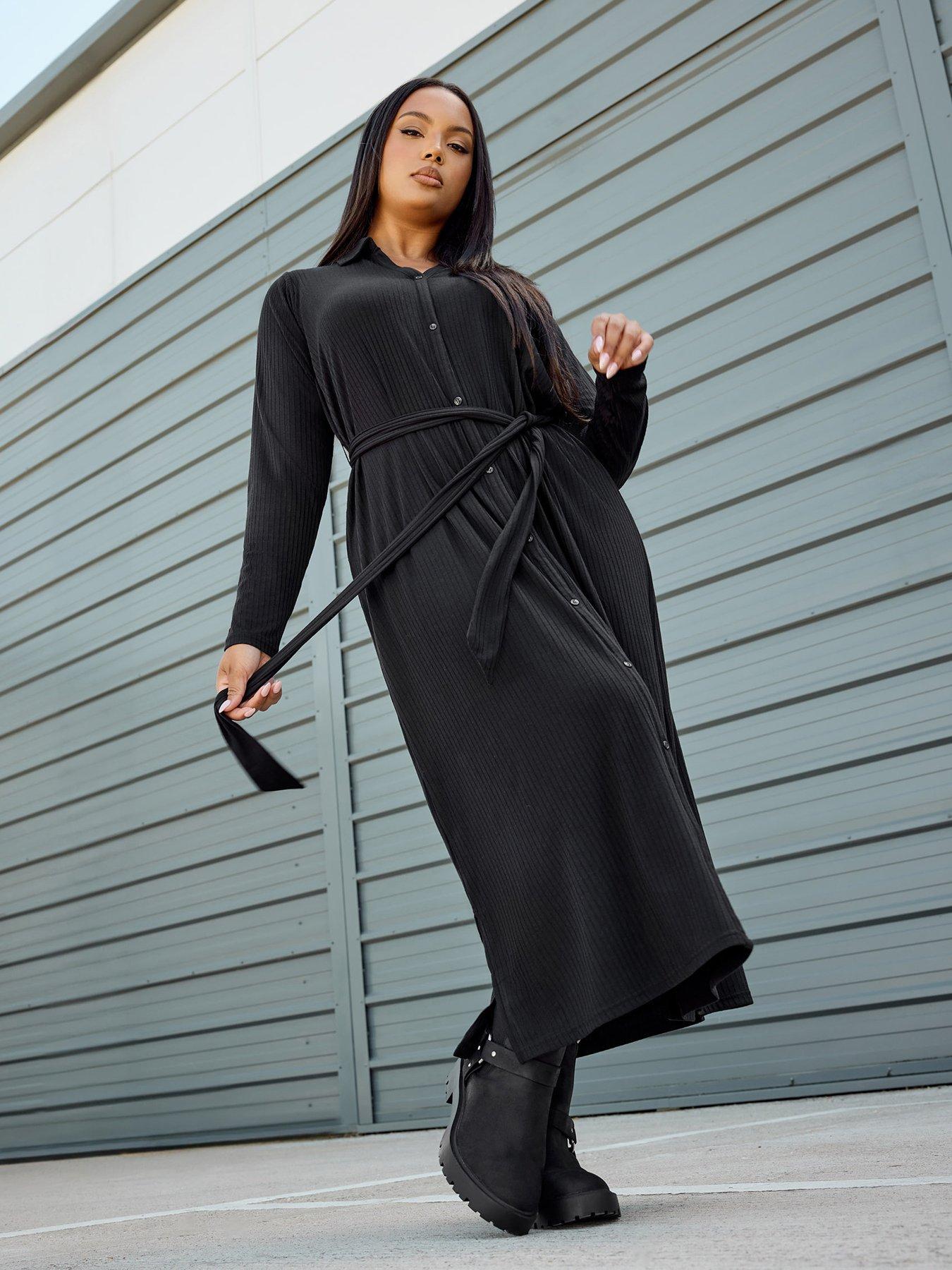undefined Curve Rib Button Front Aline Dress - Black