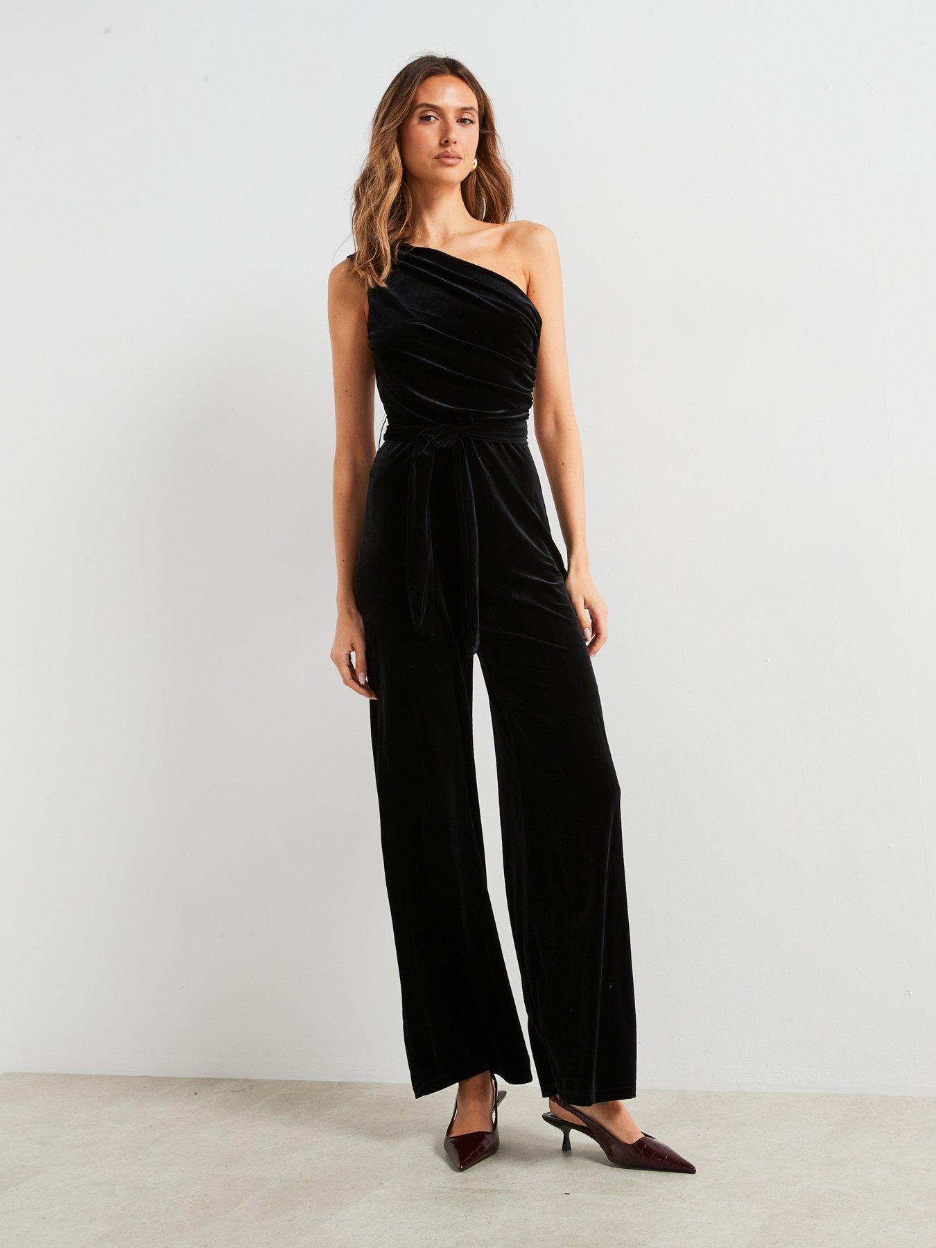 One Shoulder Velvet Jumpsuit Black