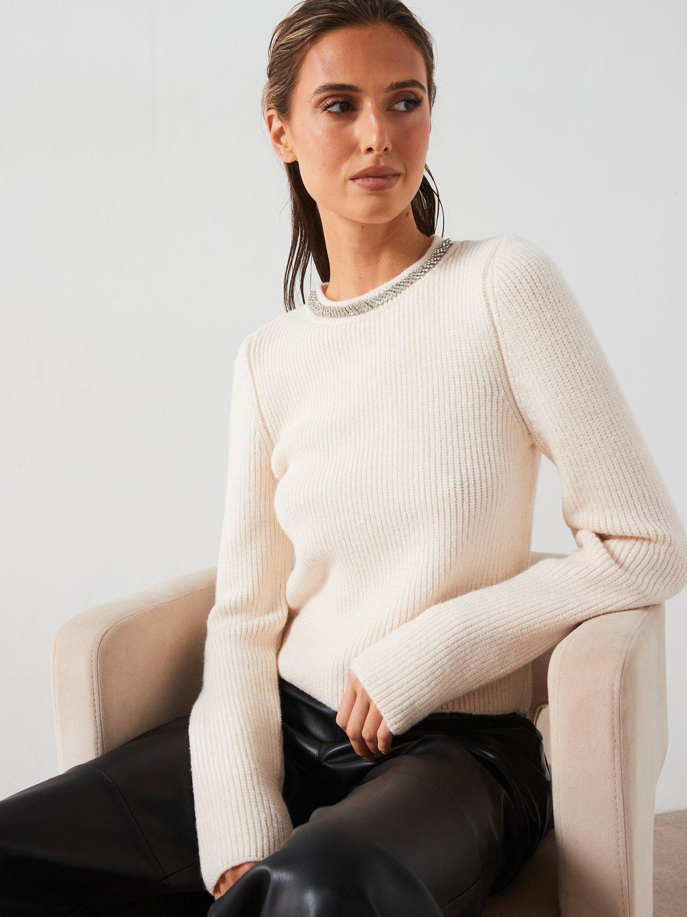 Image 1 of 5 of Mango Embellished Collar Jumper - Cream