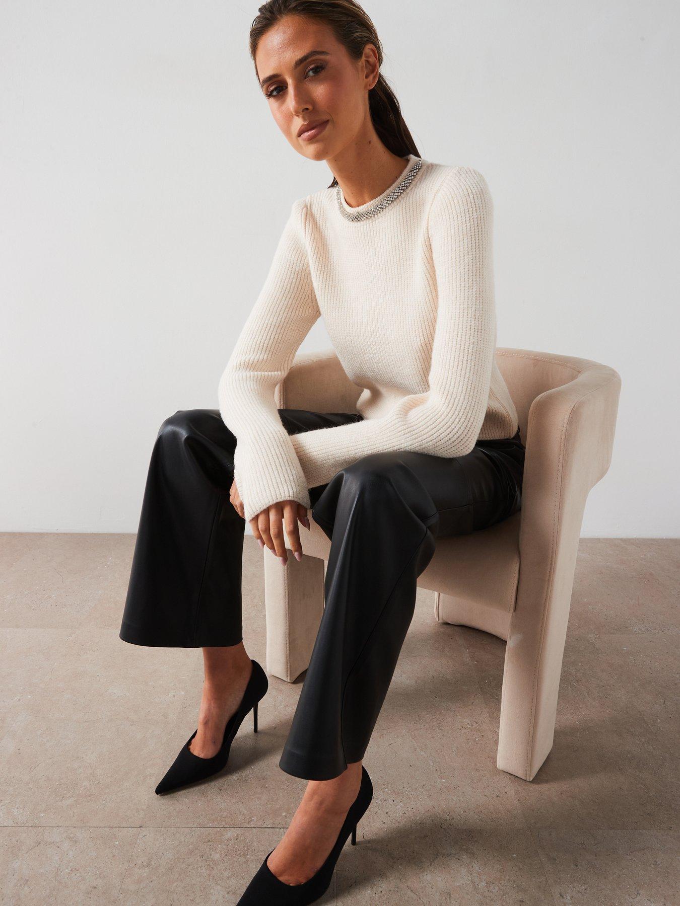 Image 4 of 5 of Mango Embellished Collar Jumper - Cream