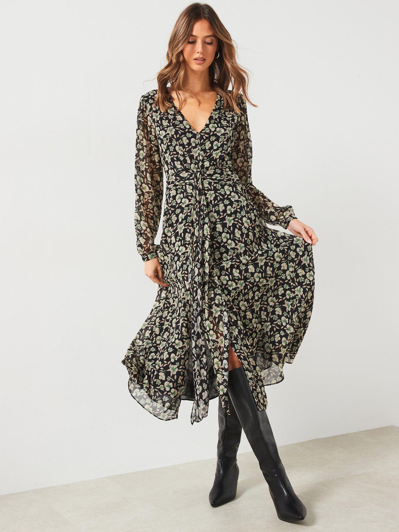 mango printed chiffon dress Yellow Sleeveless Floral Micro Ruffle Trapeze Midi Dress