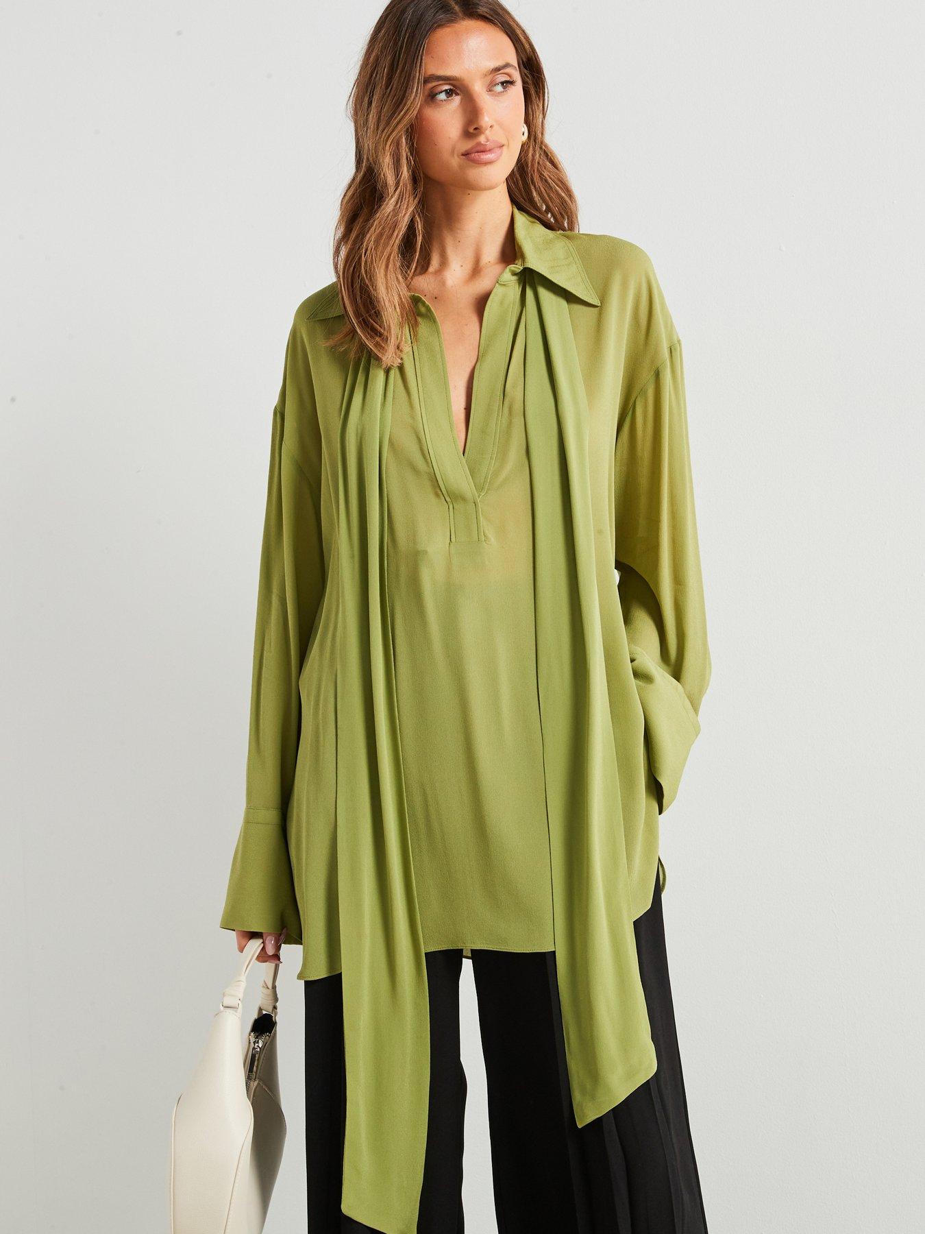 undefined Premium Chiffon Tie Neck Shirt - Green