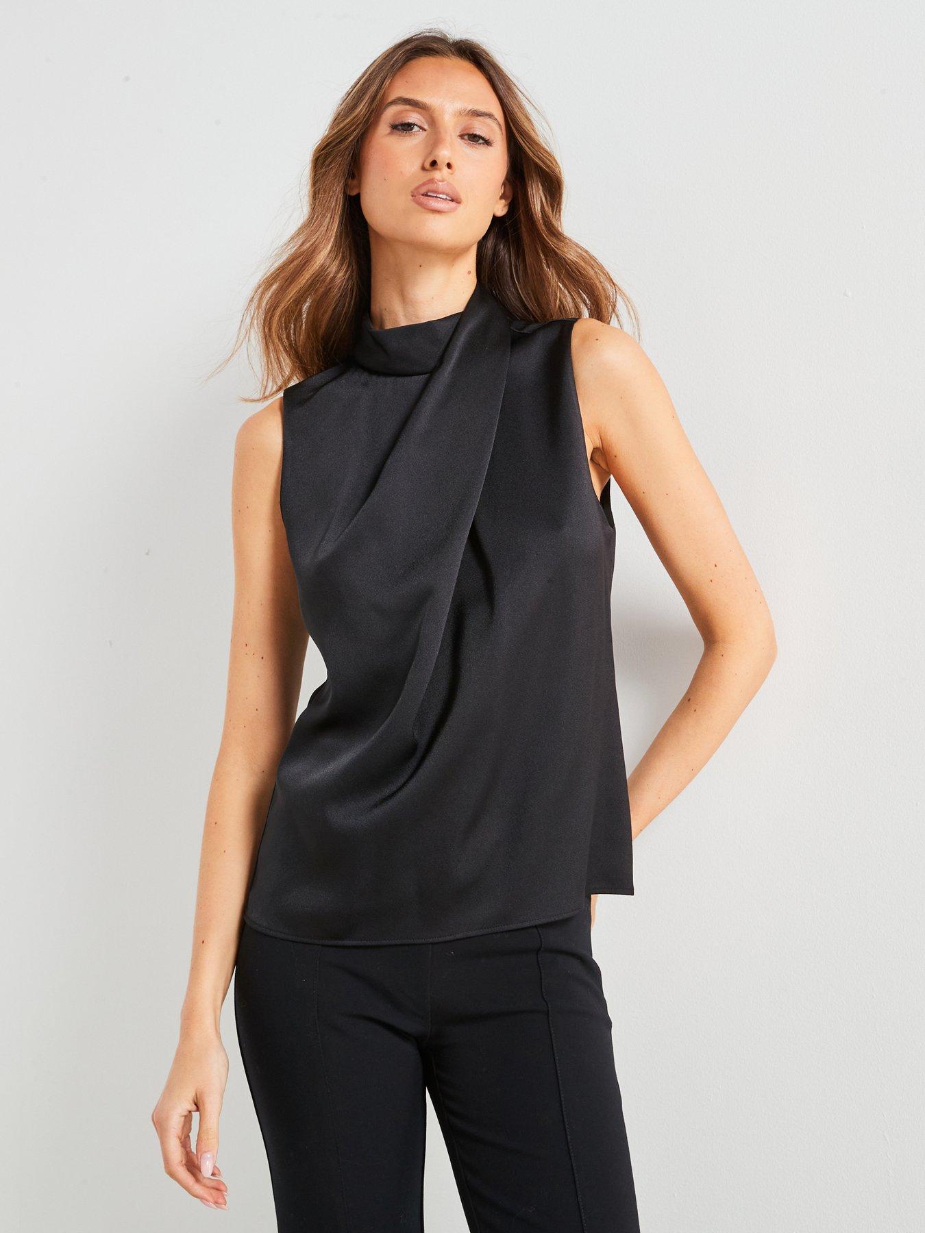 undefined Satin Cross Neck Blouse - Black