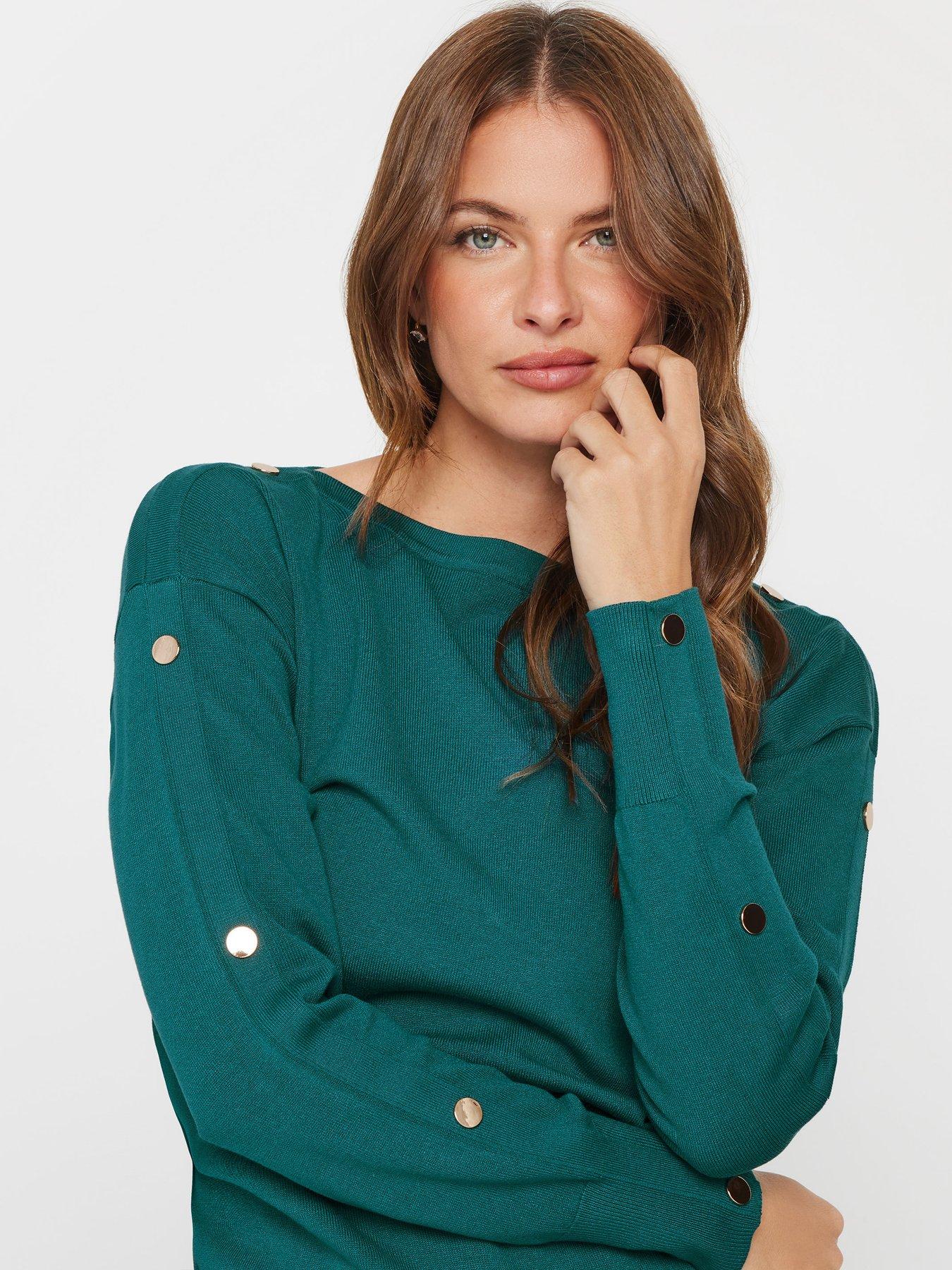  image of mco-popper-detail-batwing-jumper-teal-blue