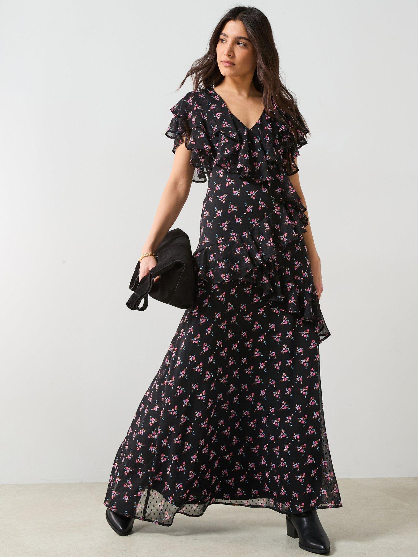  image of v-by-very-floral-printed-ruffle-midaxi-dress-black