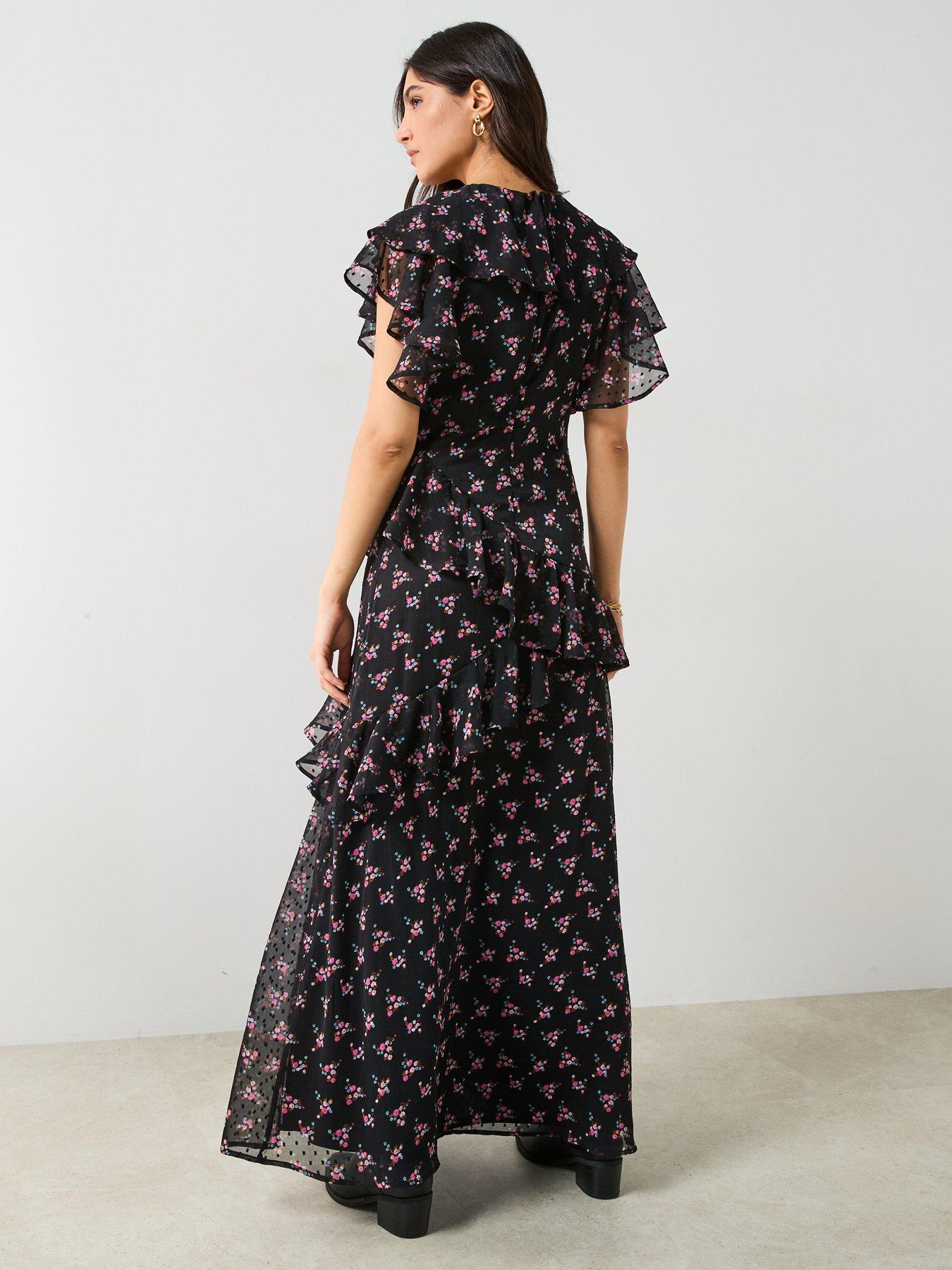  image of v-by-very-floral-printed-ruffle-midaxi-dress-black