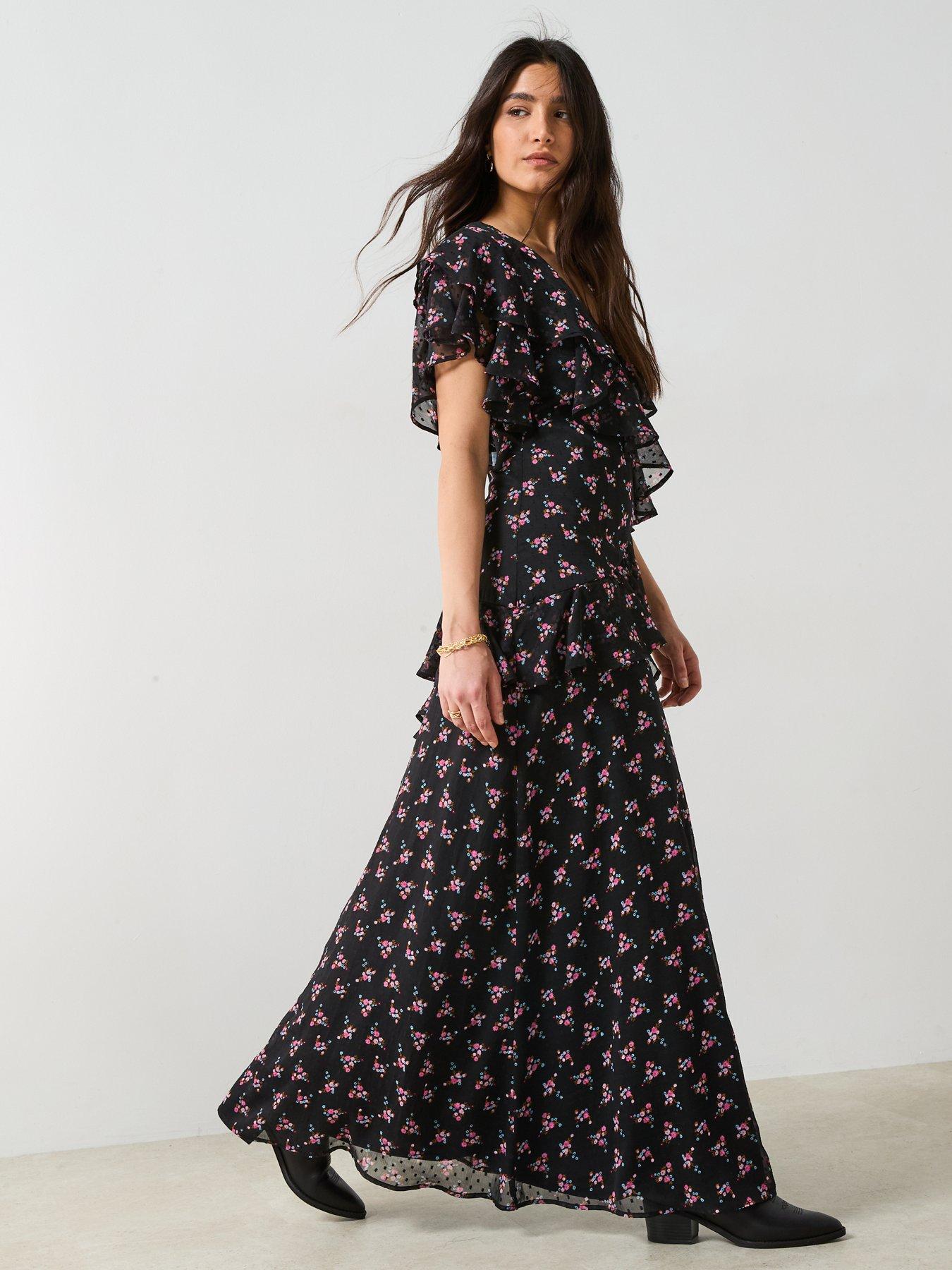  image of v-by-very-floral-printed-ruffle-midaxi-dress-black