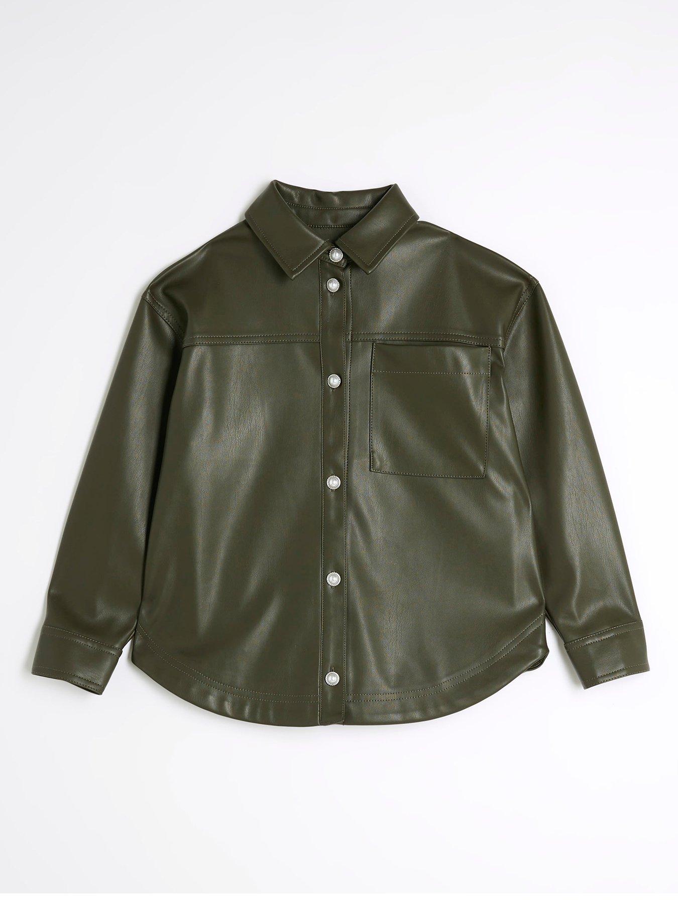 undefined Older Girl Faux Leather Overshirt - Khaki