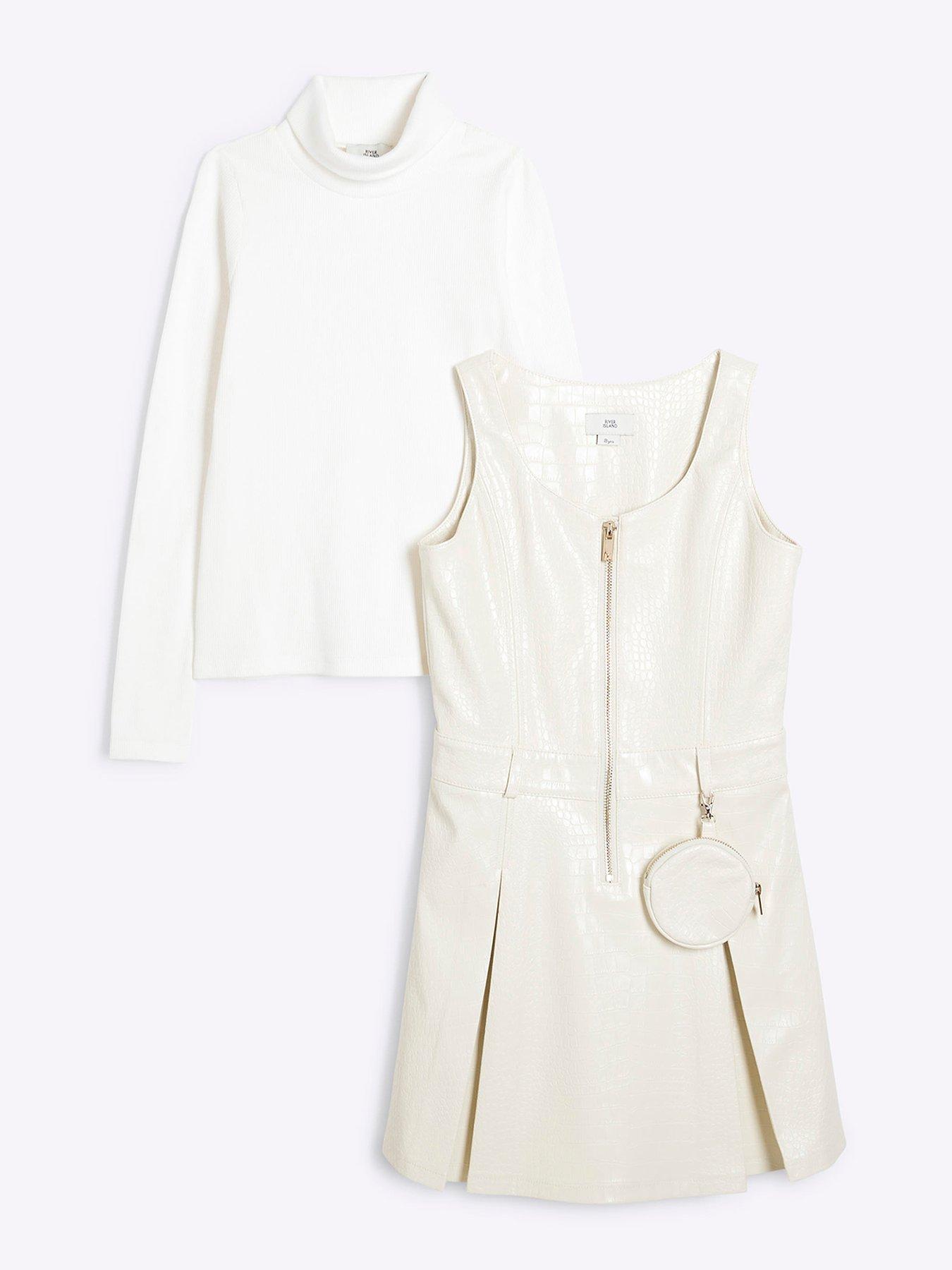 undefined Older Girl Top And Faux Leather Dress Set - Cream