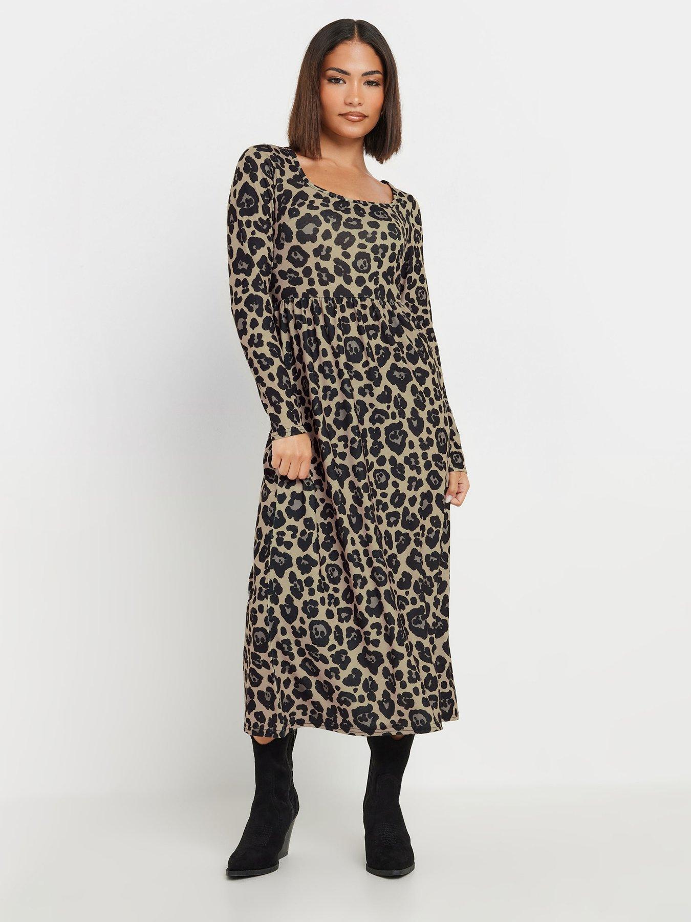 undefined Petite Long Sleeve Animal Midi Dress - Brown