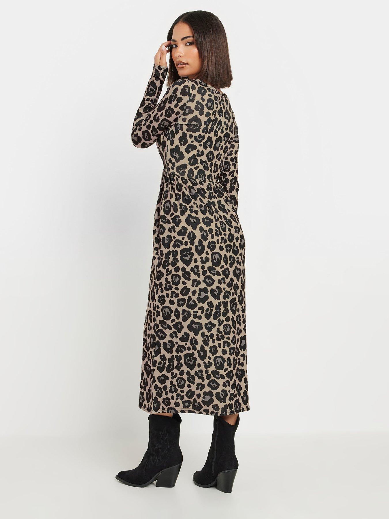  image of pixiegirl-petite-long-sleeve-animal-midi-dress-brown