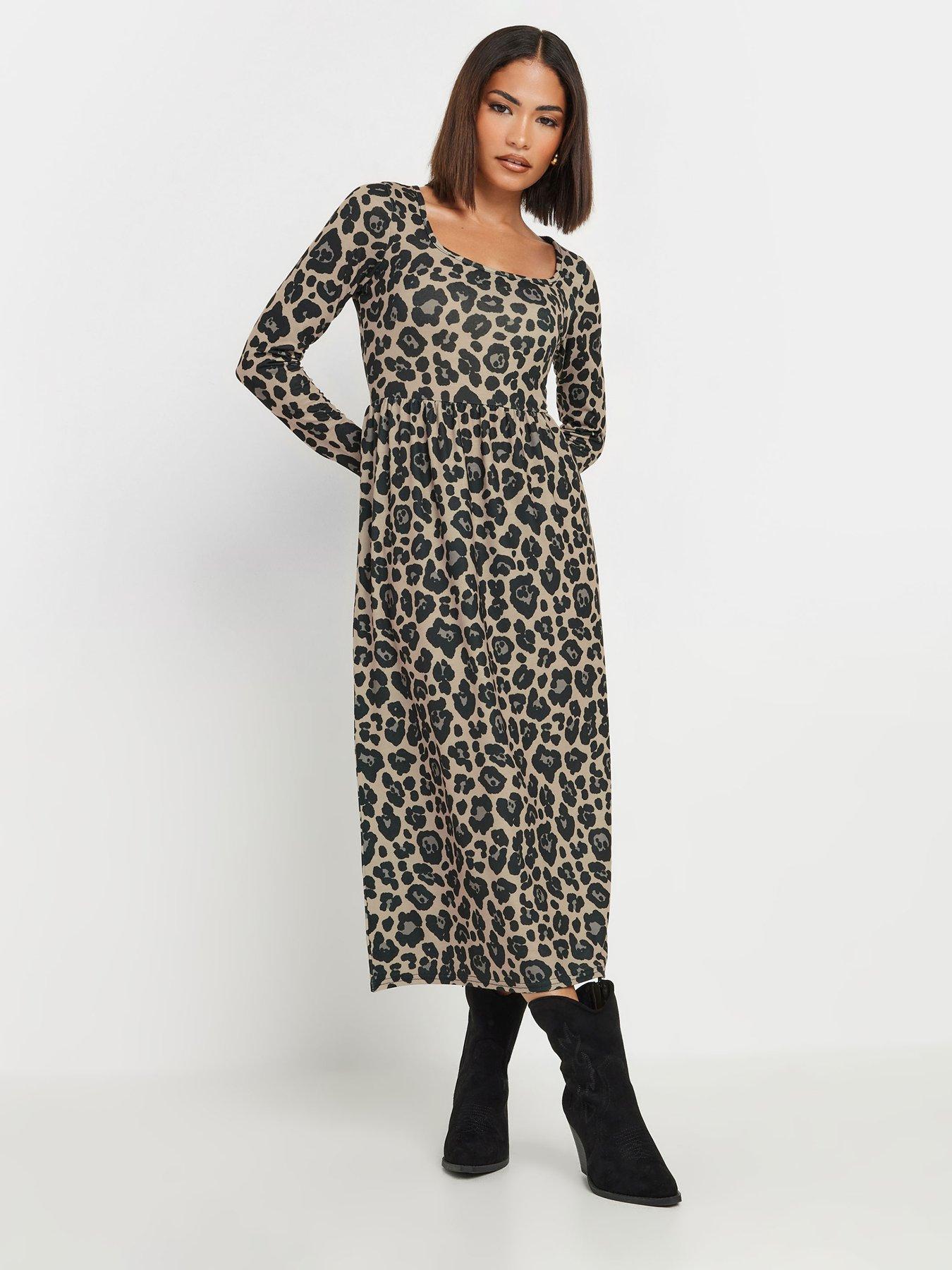  image of pixiegirl-petite-long-sleeve-animal-midi-dress-brown