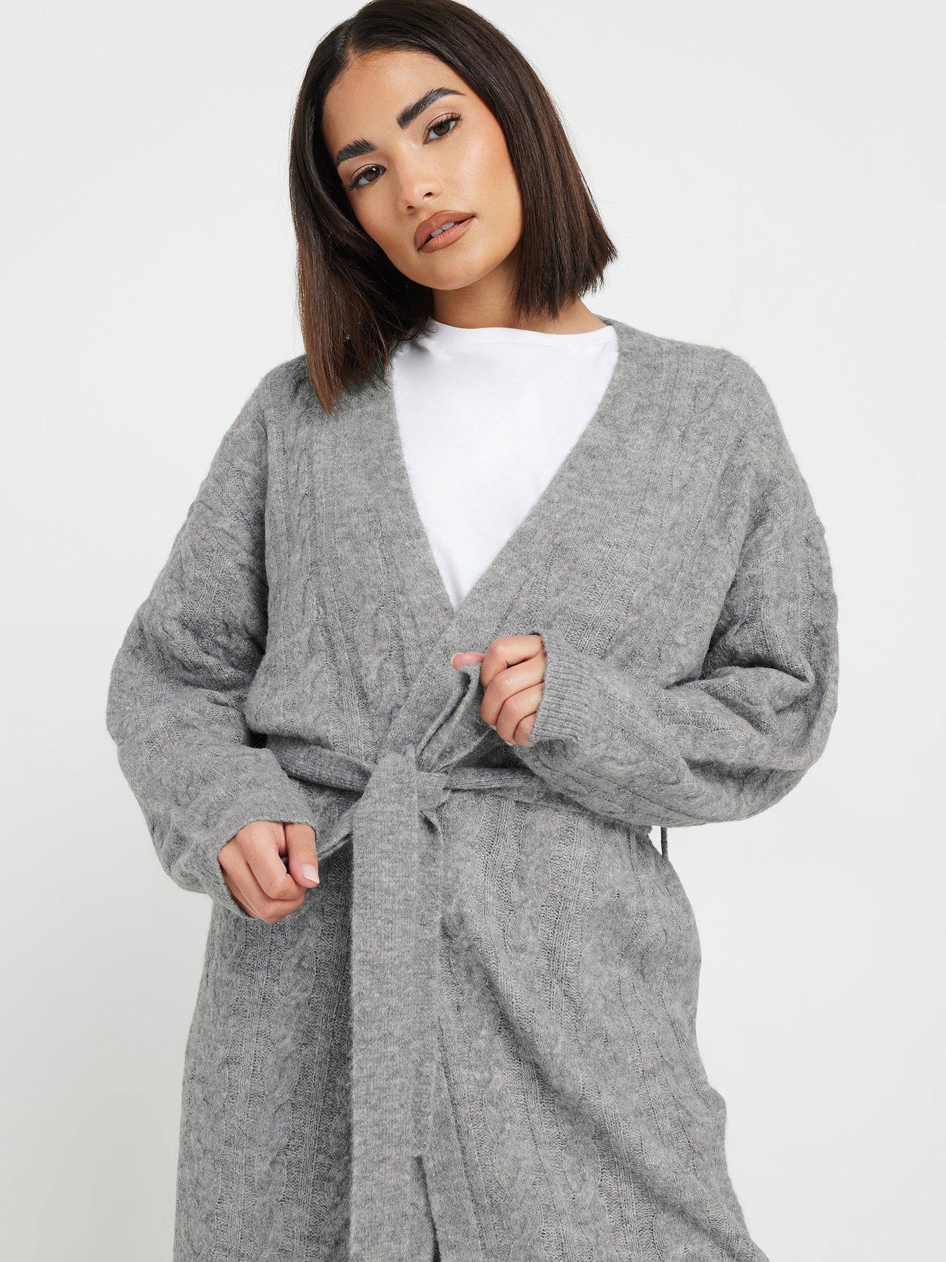  image of pixiegirl-petite-cable-belted-maxi-cardigan-grey