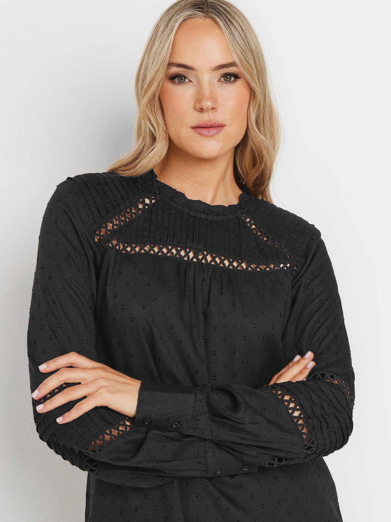  image of long-tall-sally-dobby-ladder-lace-shirt-black