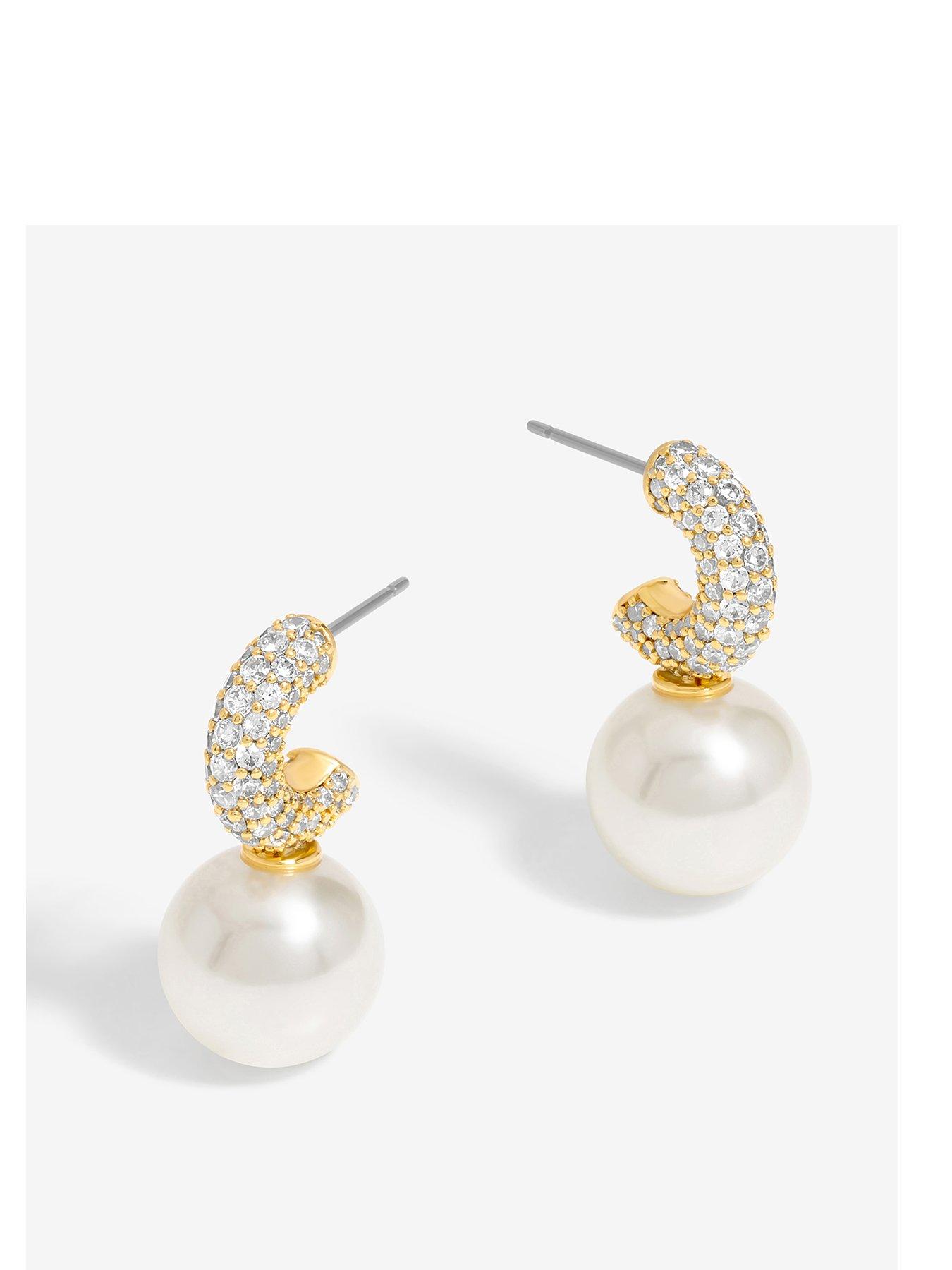 undefined Gold Plated Cubic Zirconia Pearl Huggie Earrings