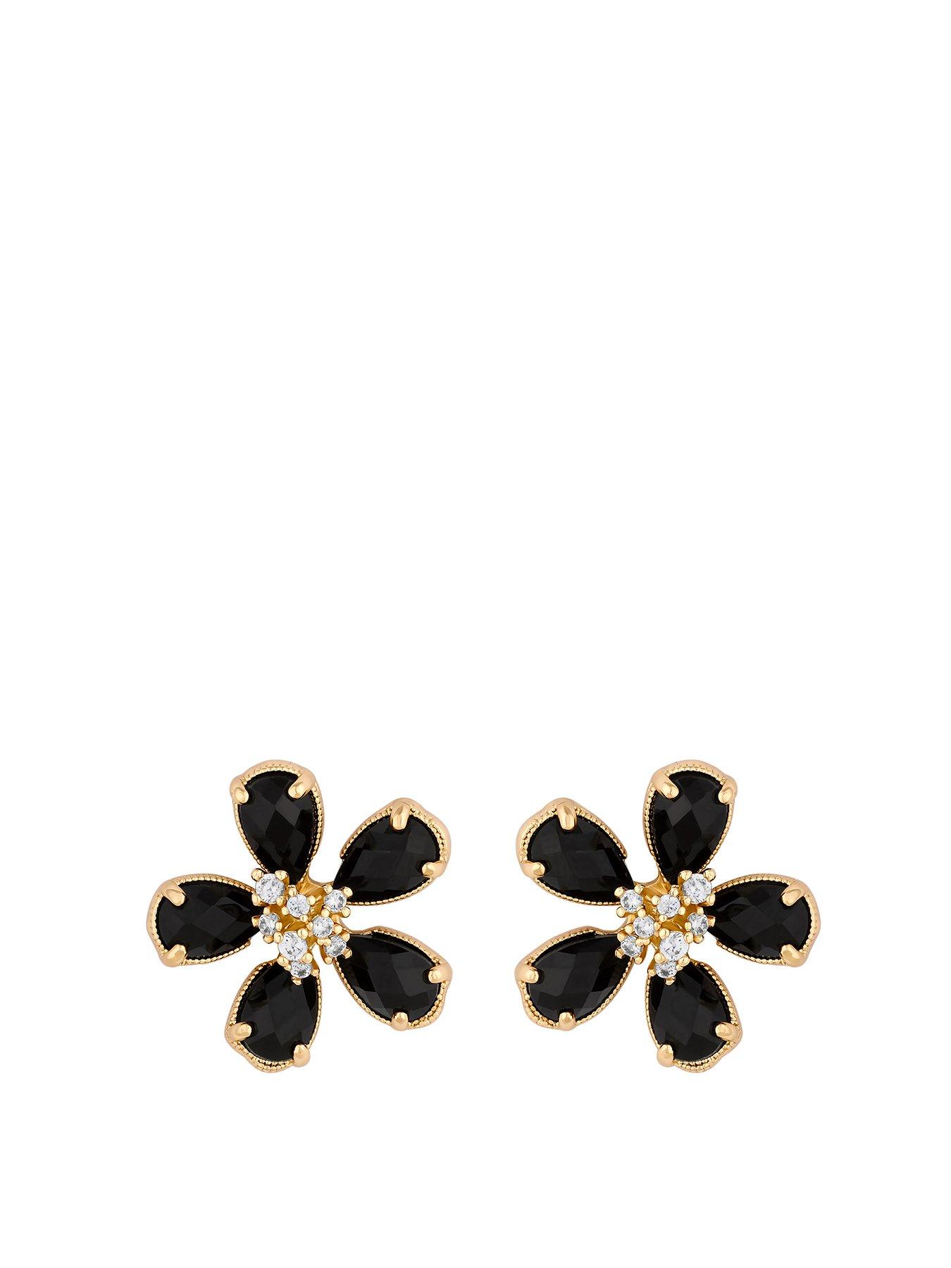 undefined Gold Plated and Jet Floral Stud Earrings