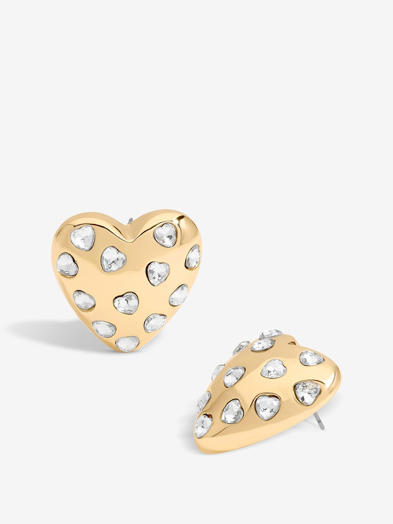 Mood Gold Crystal Puffed Heart Statement Stud Earrings