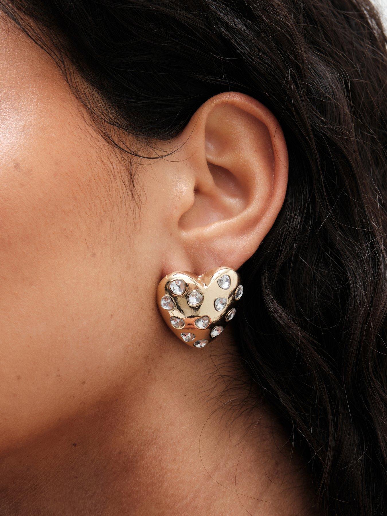 Image 2 of 3 of Mood Gold Crystal Puffed Heart Statement Stud Earrings