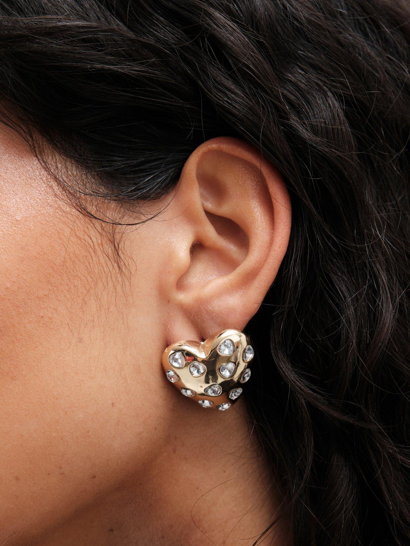 Image 3 of 3 of Mood Gold Crystal Puffed Heart Statement Stud Earrings