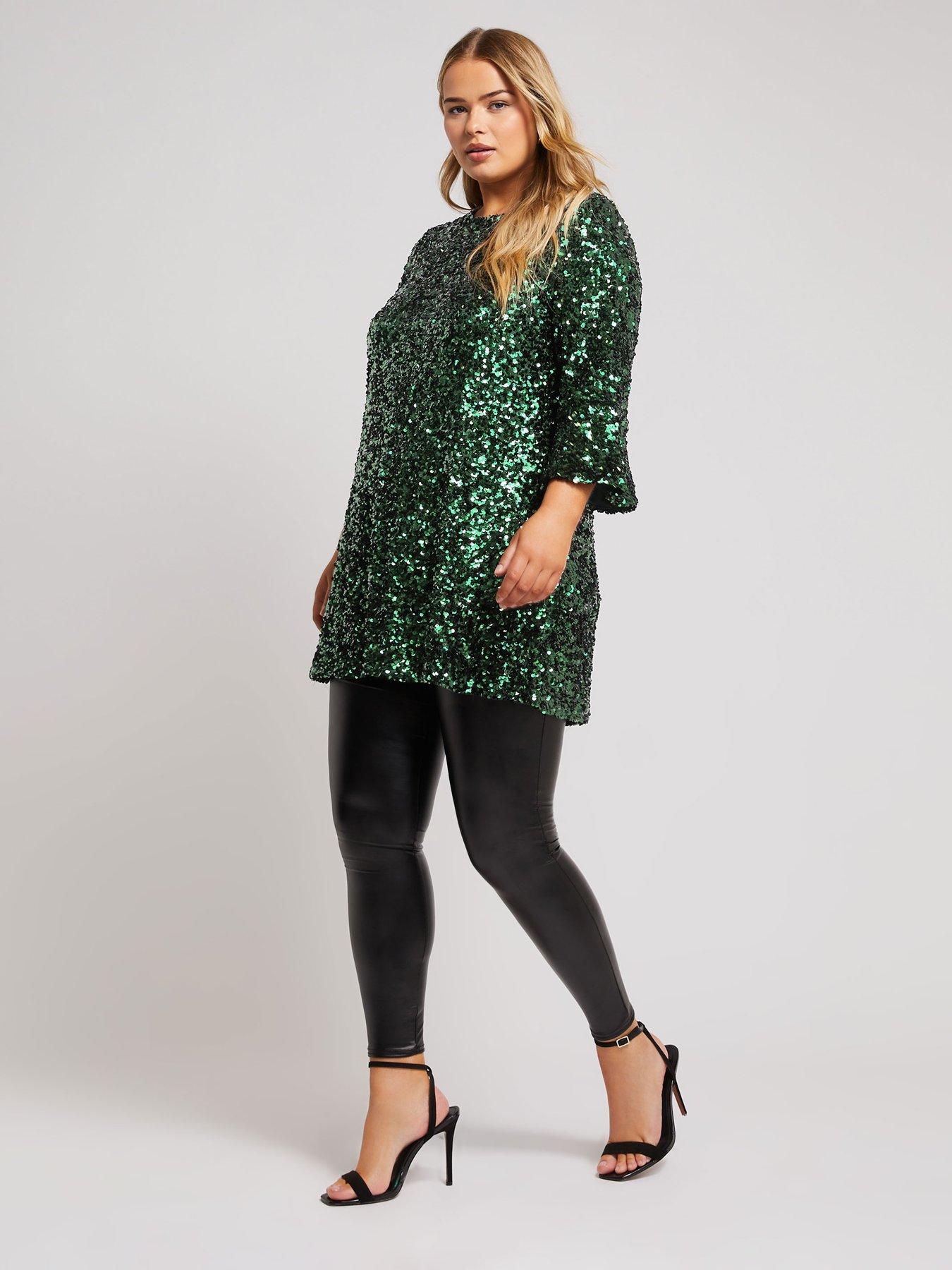 Image 3 of 4 of Yours Curve Sequin Flute Sleeve Top - Green