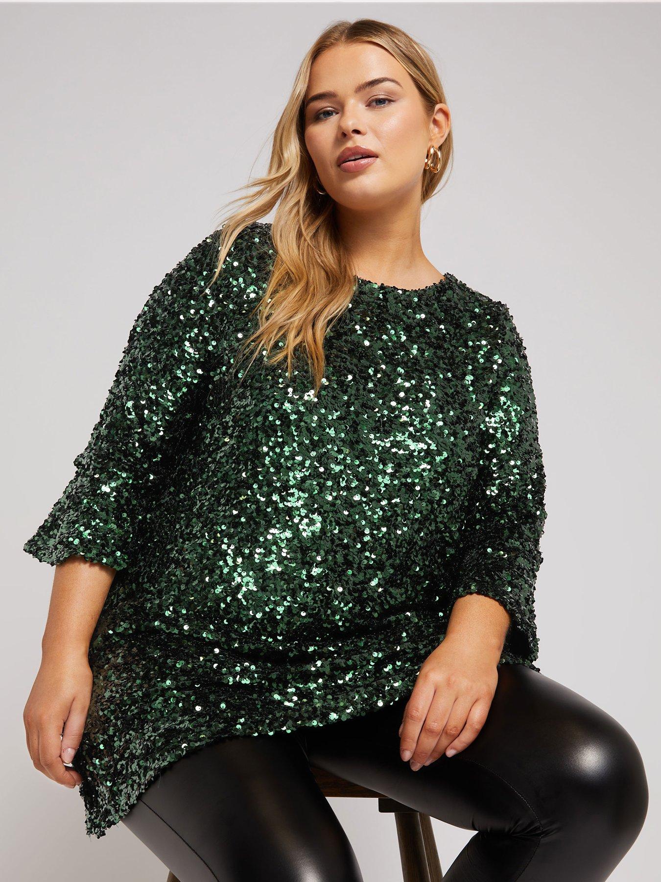 Image 4 of 4 of Yours Curve Sequin Flute Sleeve Top - Green