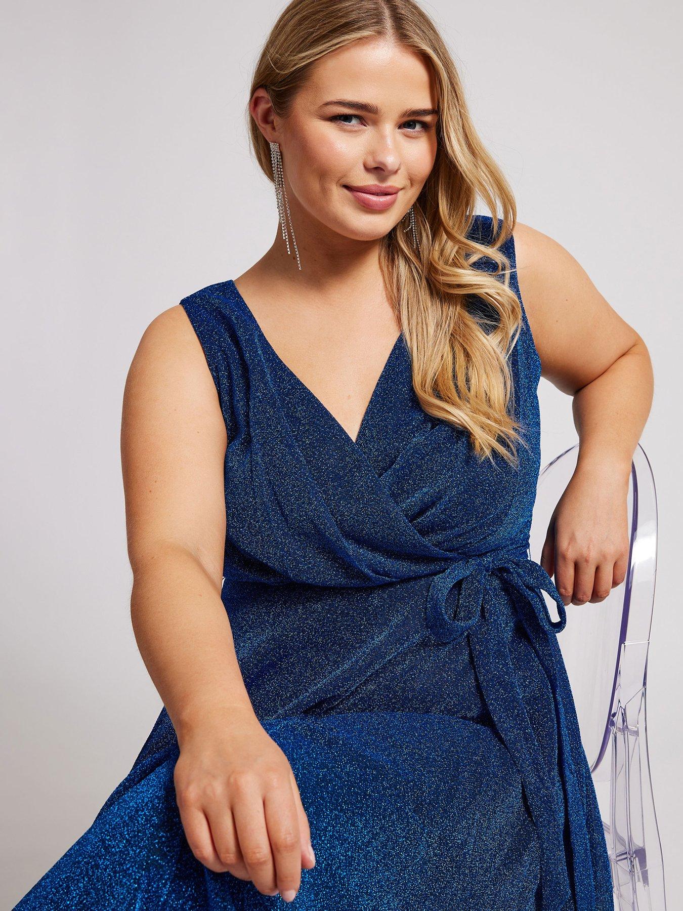Yours Curve Metallic Wrap Skater Dress - Blue | Littlewoods