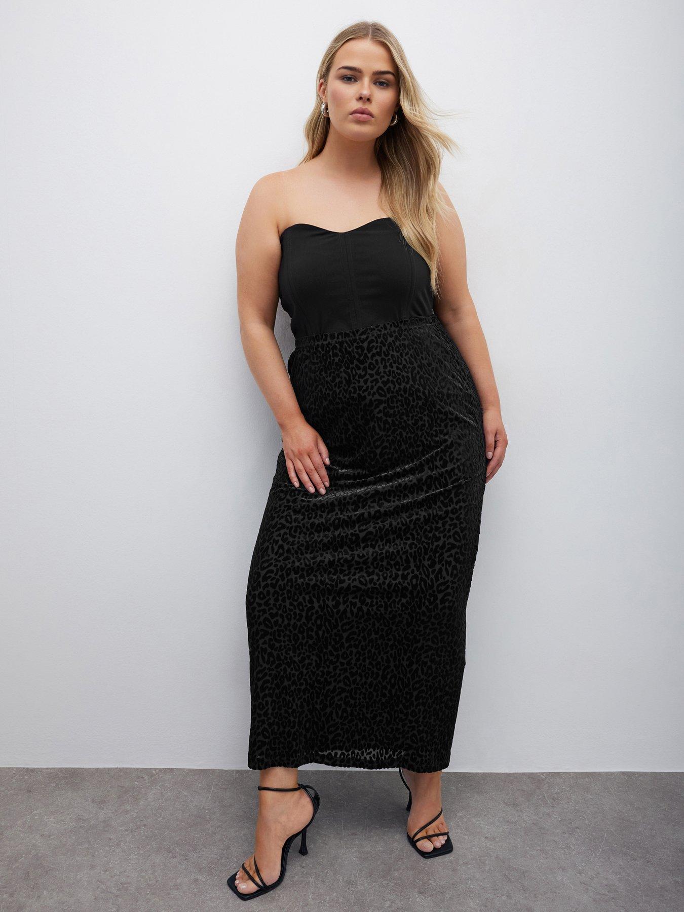 Yours Curve Burn Out Velour Column Skirt - Black