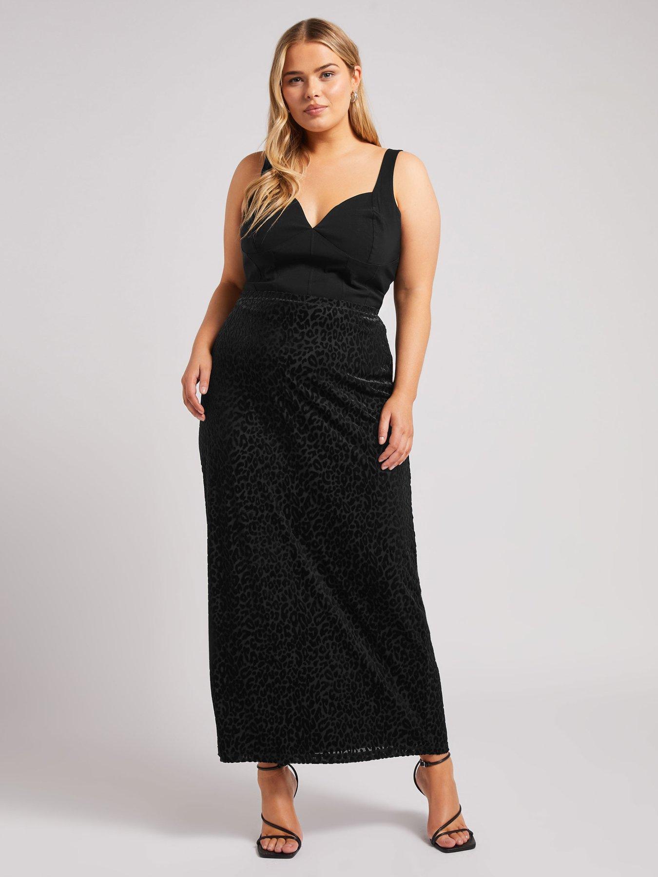 Image 3 of 4 of Yours Curve Burn Out Velour Column Skirt - Black