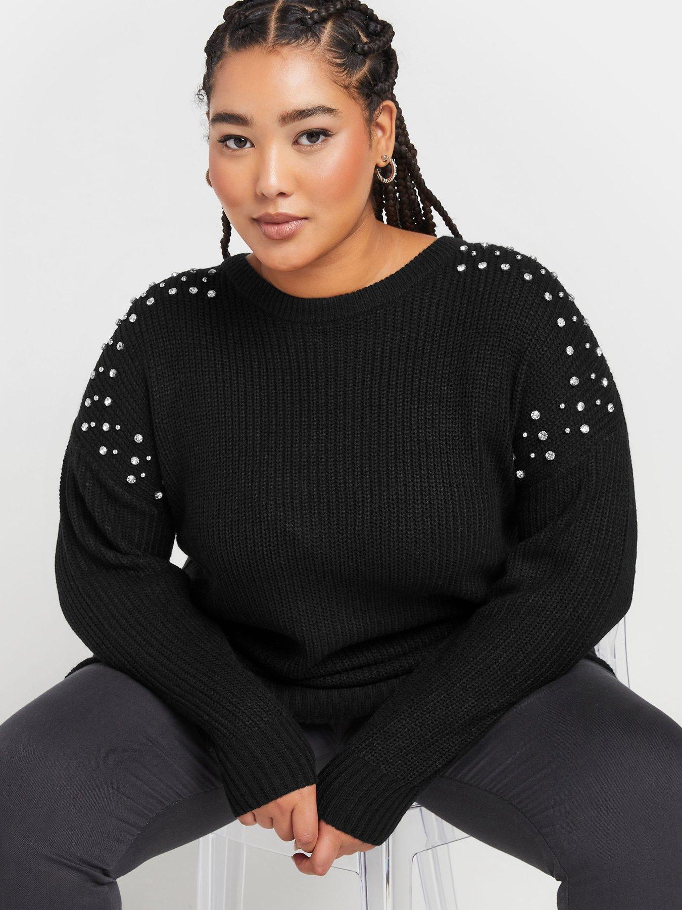 Image 4 of 4 of Yours Curve Diamante Embellished Shoulder Jumper - Black