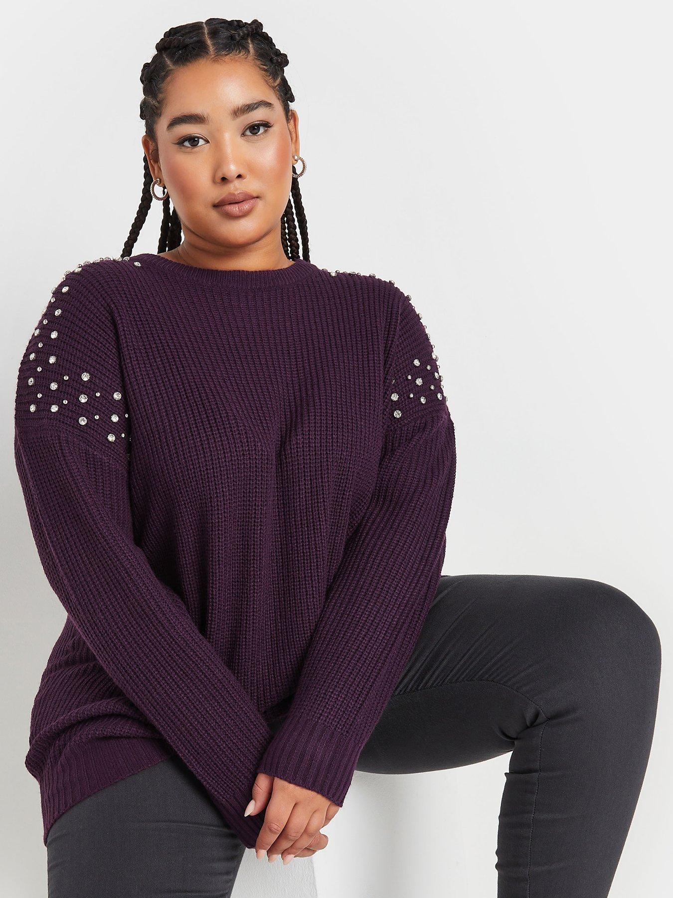 Image 1 of 4 of Yours Curve Diamante Embellished Shoulder Jumper - Purple
