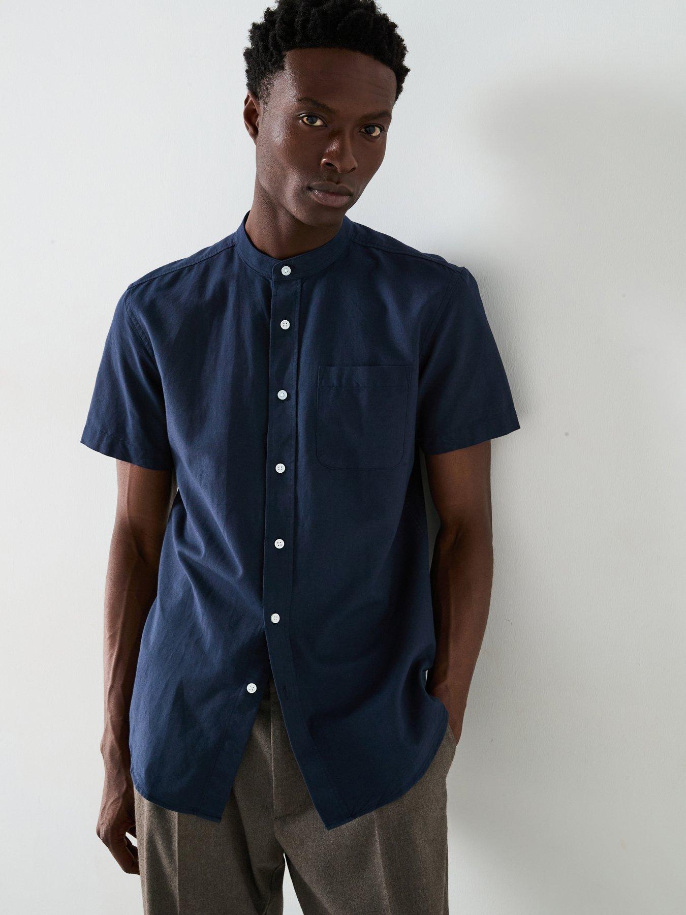 everyday-short-sleeve-grandad-collar-oxford-shirt-navy