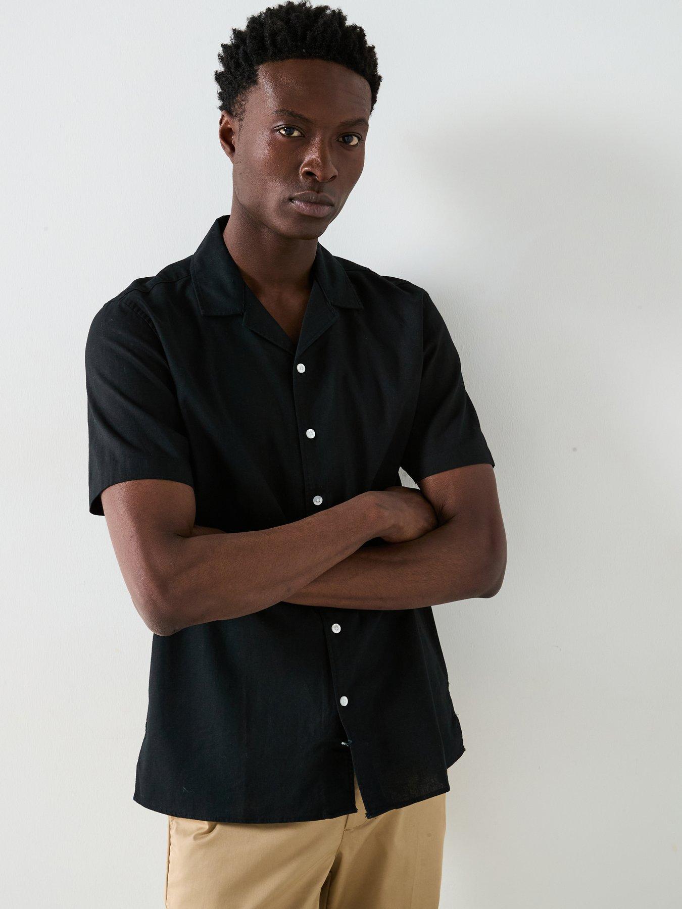 Image 1 of 6 of Everyday Short Sleeve Revere Collar Linen Shirt - Black
