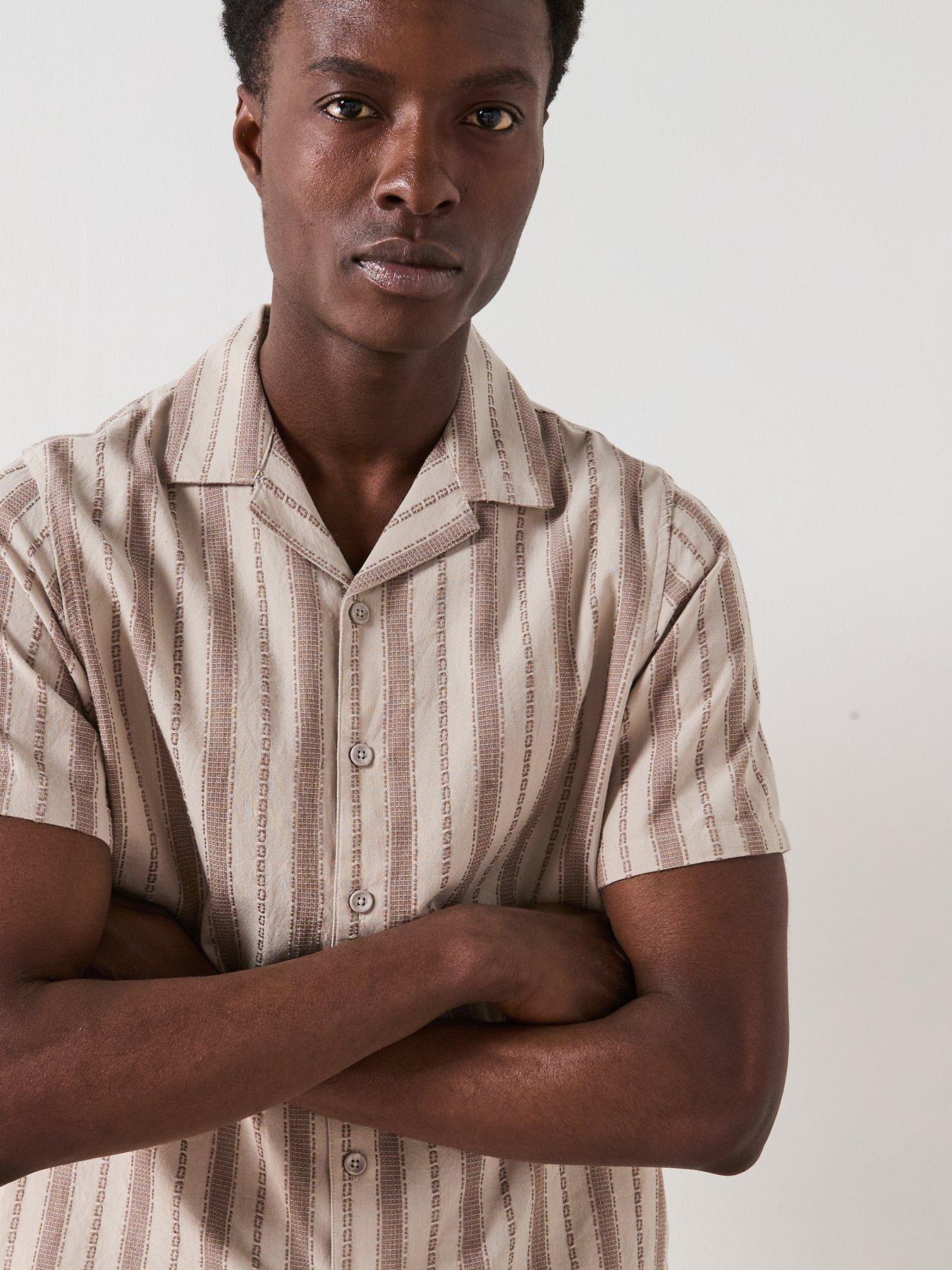 Image 4 of 6 of Very Man Short Sleeve Revere Textured Stripe Shirt - Stone
