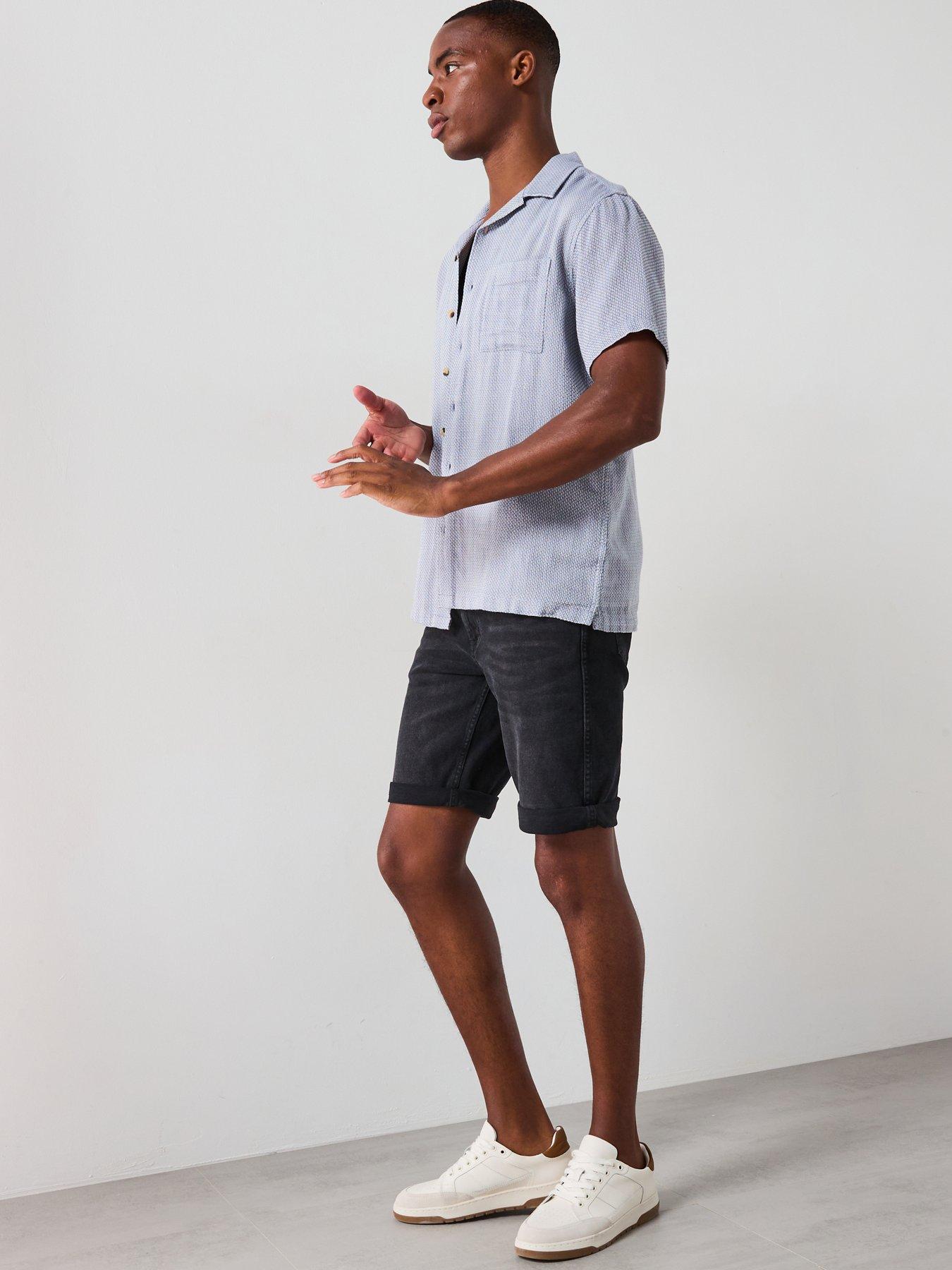 Image 3 of 5 of Very Man Short Sleeve Revere Textured Cotton Shirt - Blue