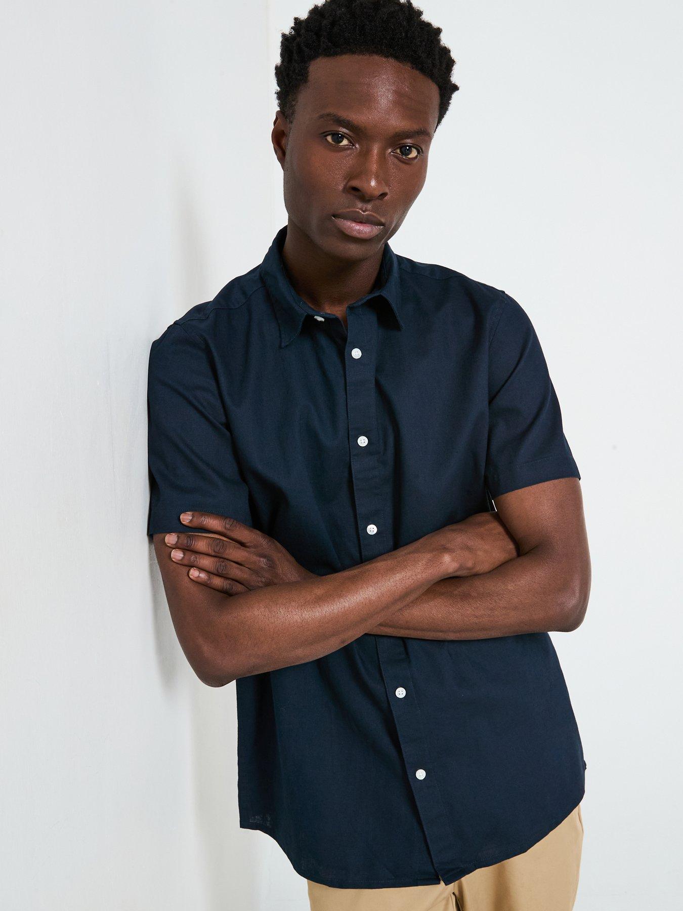 everyday-short-sleeve-standard-collar-linen-shirt-navy