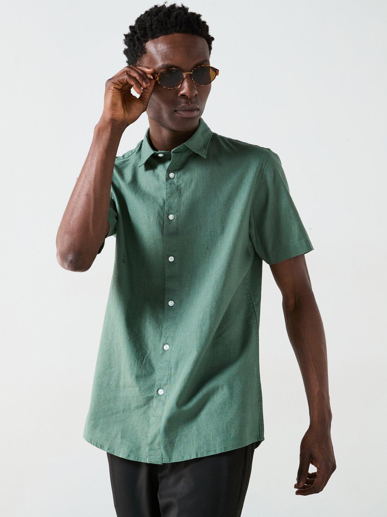  image of everyday-short-sleeve-standard-collar-linen-shirt-khaki
