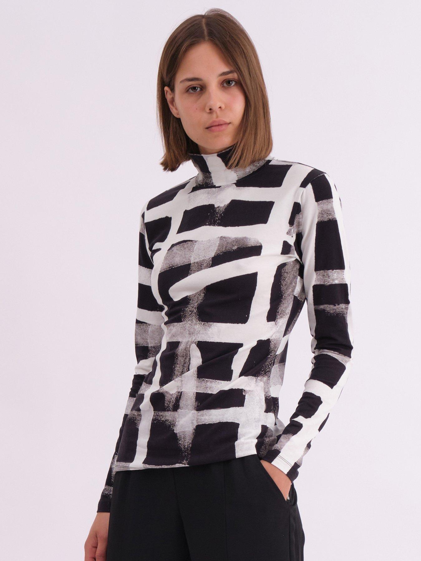 undefined Edge Roll Neck Top In Abstract Monochrome Hero Print