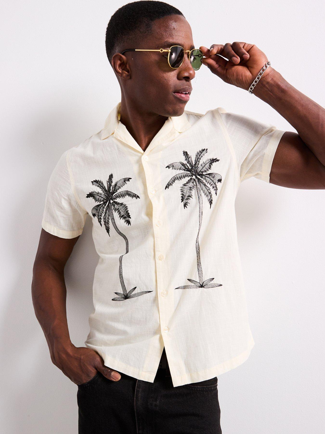 Very Man Short Sleeve Revere Palm Embroidery Shirt - Ecru