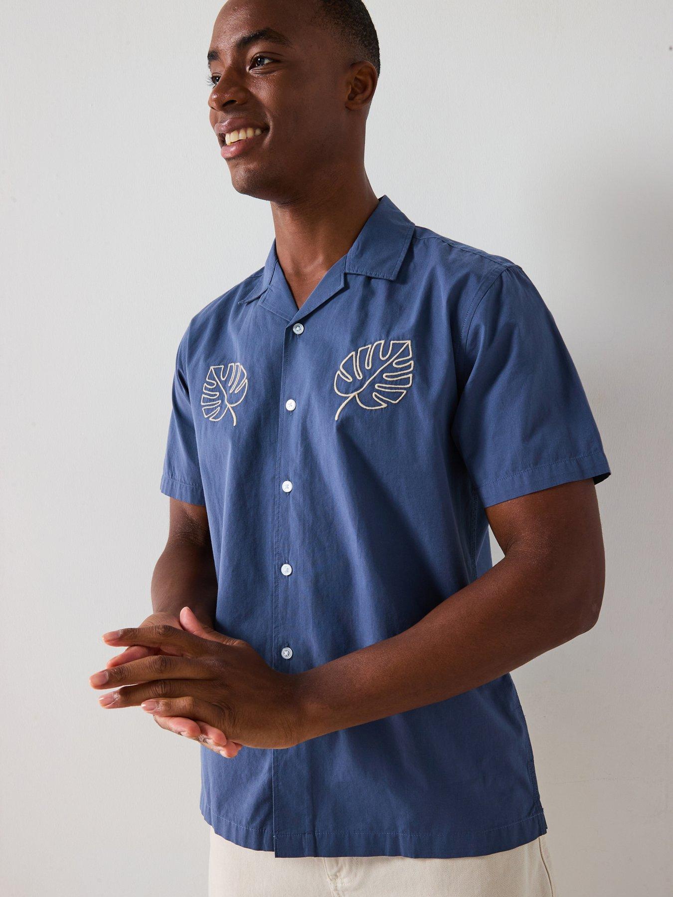 very-man-short-sleeve-revere-leaf-embroidery-shirt-blue