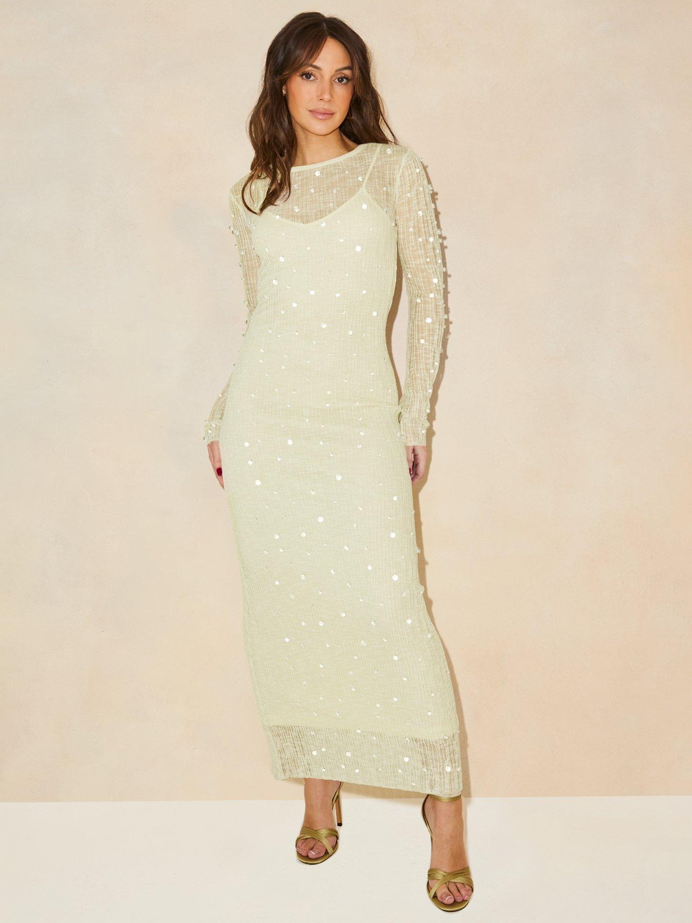  image of michelle-keegan-beaded-long-sleeve-knitted-dress-green