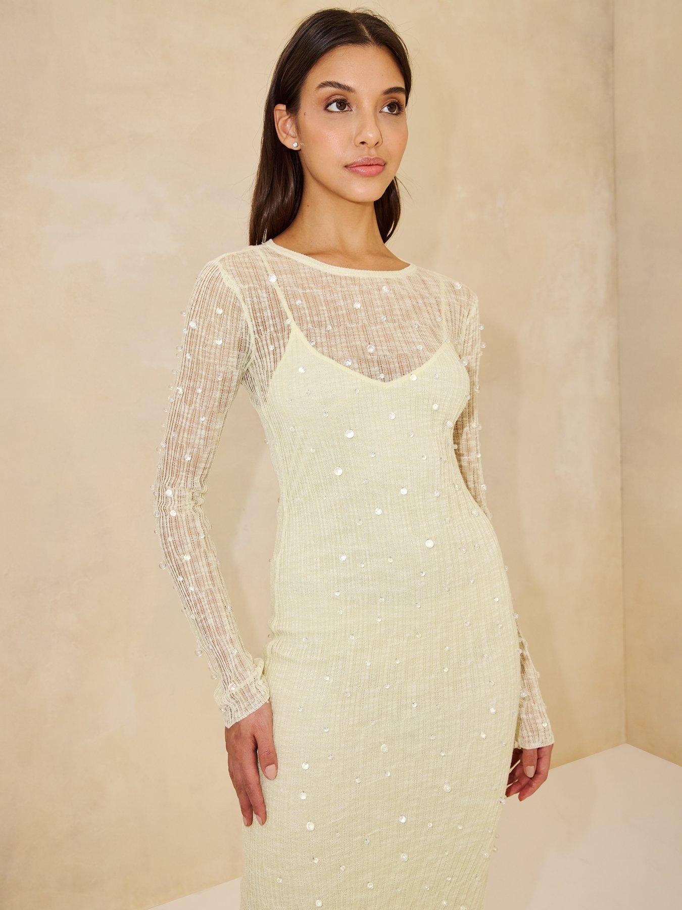  image of michelle-keegan-beaded-long-sleeve-knitted-dress-green