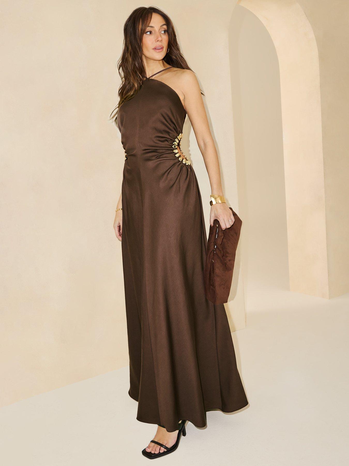  image of michelle-keegan-strappy-cut-out-dress-brownnbsp
