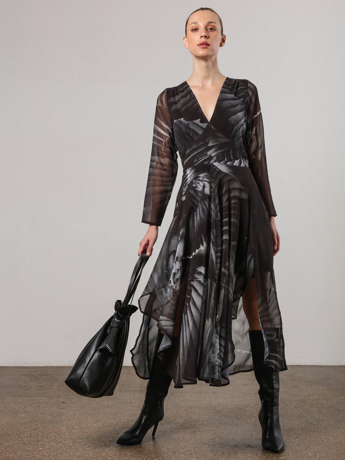 Religion Infinity Long Sleeve Midi Dress With Handkerchief Hem In Hand-painted Prints - Green