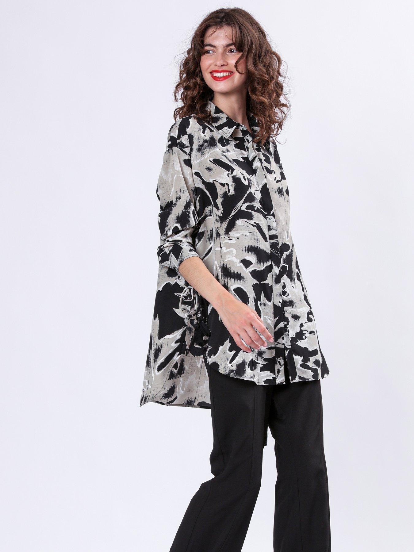 undefined Oversized Long Line Flash Shirt With Tassle Details - Black
