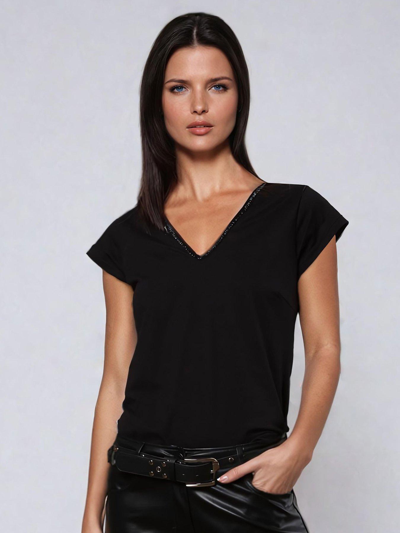 undefined V-neck S/s Top With Tonal Beaded Neckline - Black