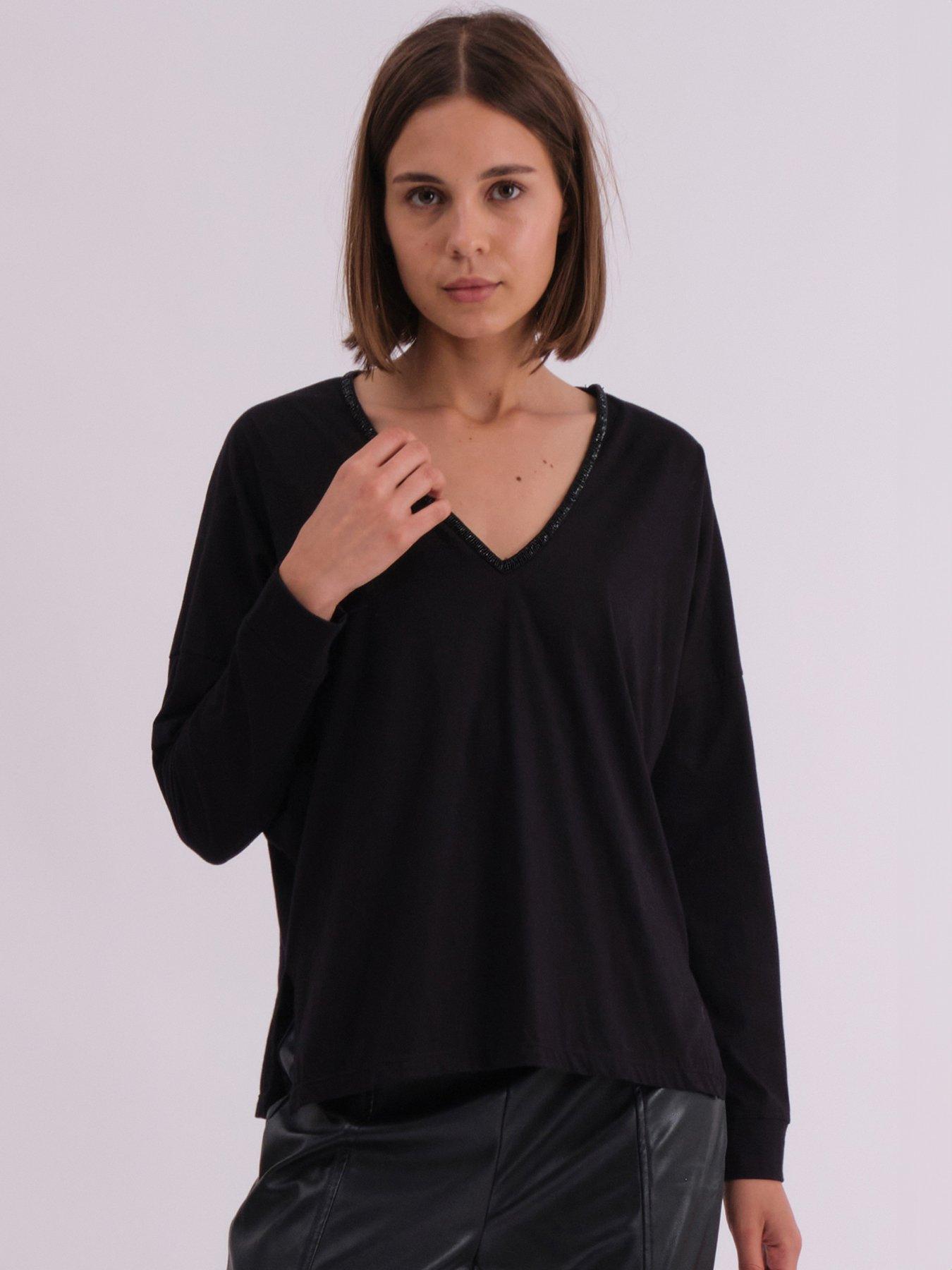 undefined Long Sleeve Deep V-neck Jersey Top With Heavy Beaded Tonal Neck Line - Black