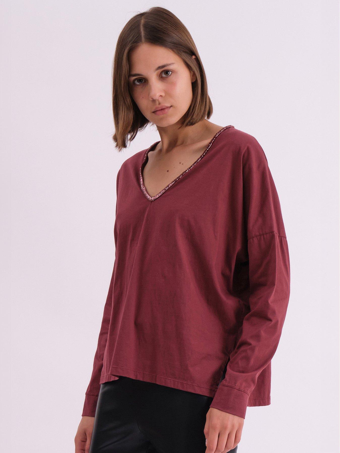 undefined Long Sleeve Deep V-neck Jersey Top With Heavy Beaded Tonal Neck Line - Purple